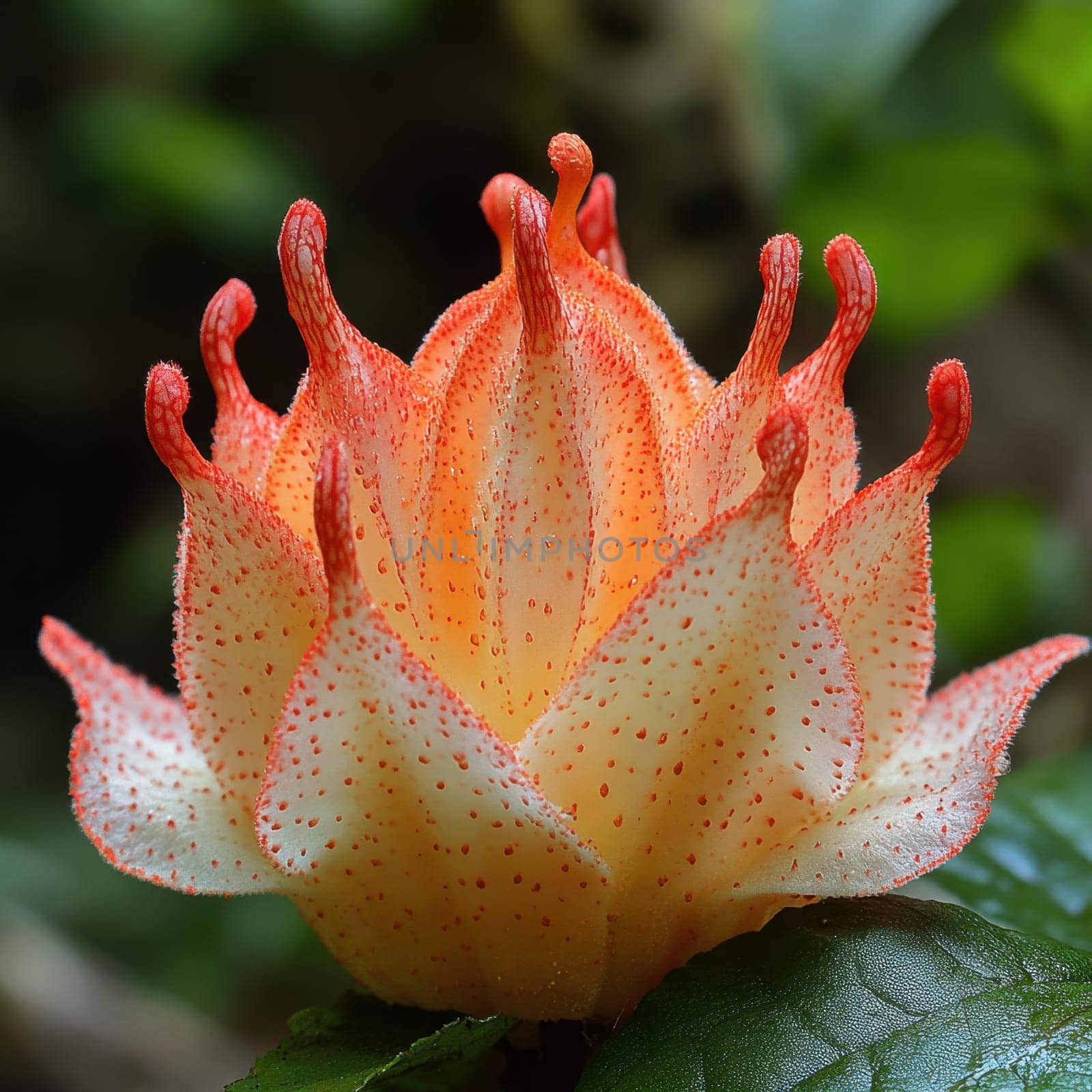 A unique flower with orange tips and cream petals blossoms amidst lush green foliage in a vibrant natural setting.