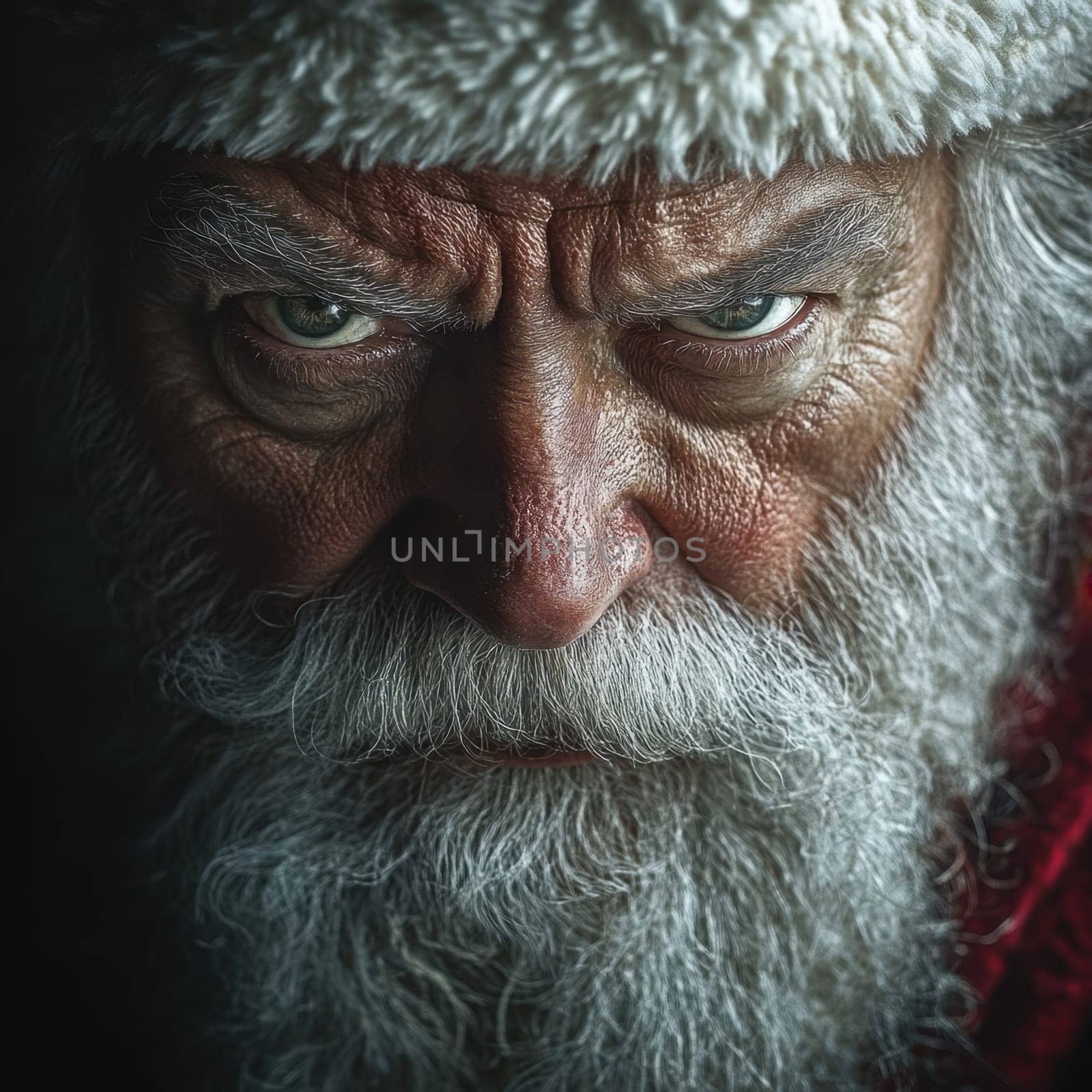 A wise Santa Claus gazes intensely showcasing his character and emotion in a winter setting with rich details and deep textures.