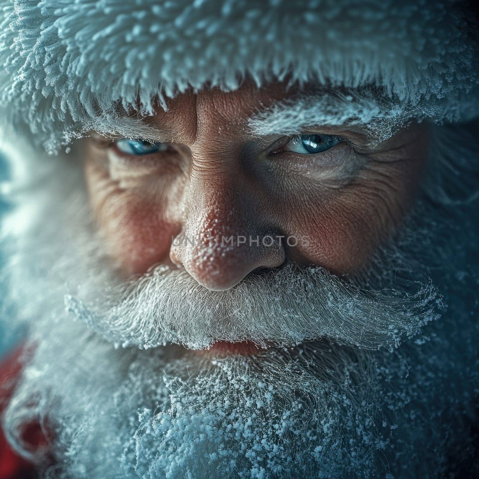 A jolly figure with a snow covered beard gazes warmly capturing the spirit of winter and the joy of the holiday season.