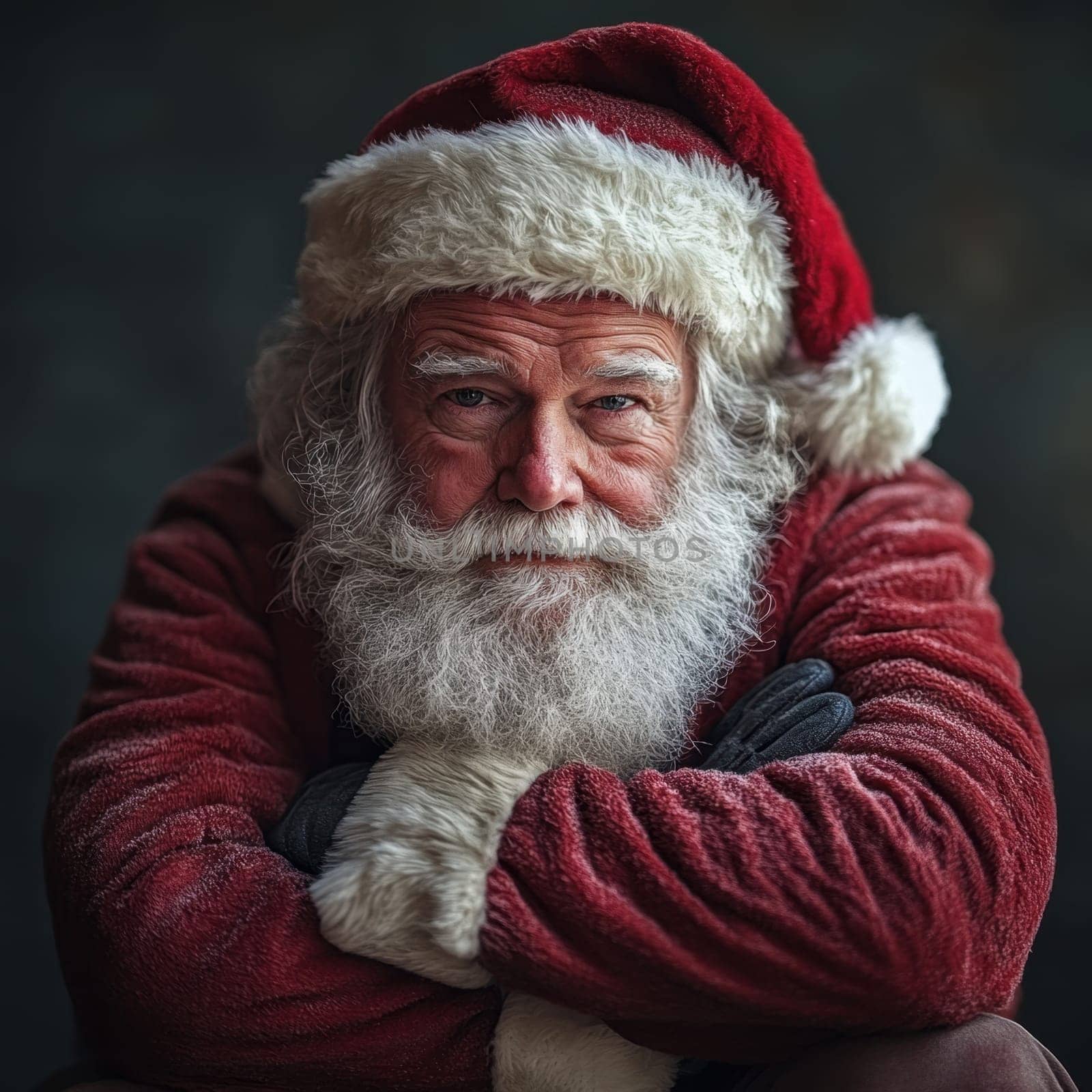 An elderly man dressed as Santa Claus is seated with a contemplative look surrounded by festive decor creating a warm holiday atmosphere.