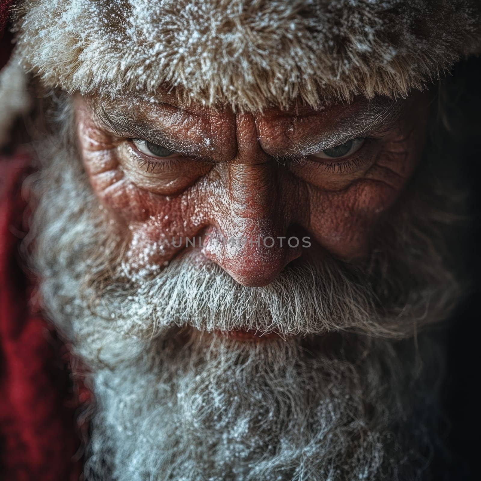 An elderly man with a long white beard and a textured Santa hat gazes intently showcasing weathered features and a frosty beard.