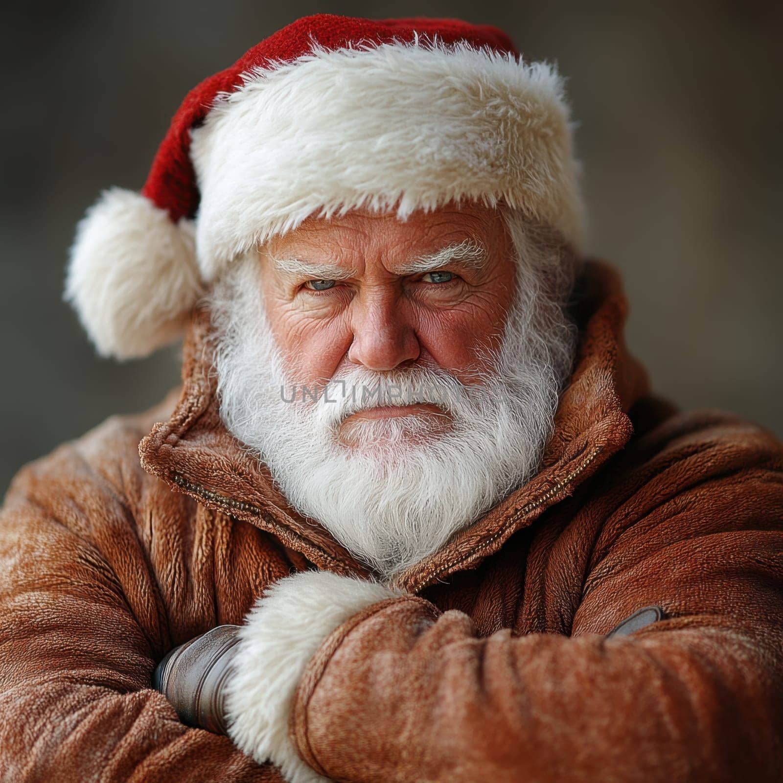 A jolly figure dressed as Santa stands with crossed arms conveying a serious demeanor dressed warmly for winter conditions.