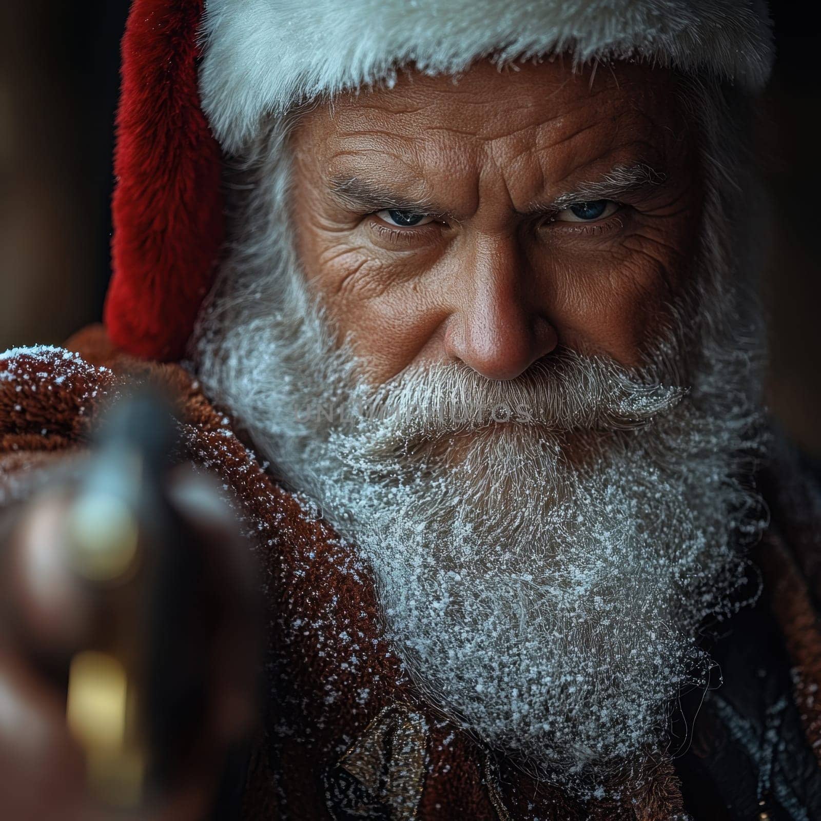 Santa Claus poses with a toy gun displaying a fierce expression adorned with snow and a classic red hat during winter festivities.