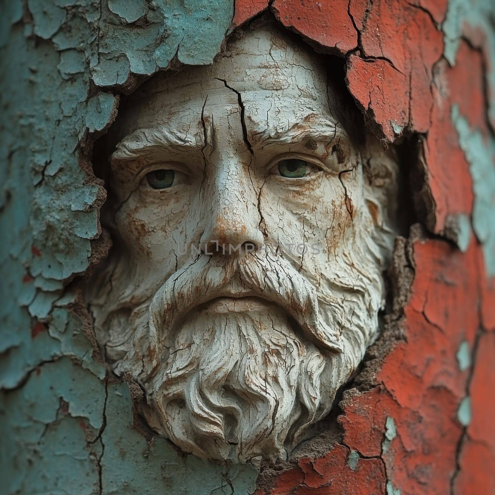 An elderly mans face emerges from a weathered surface surrounded by cracked paint revealing intricate details of expression and texture.