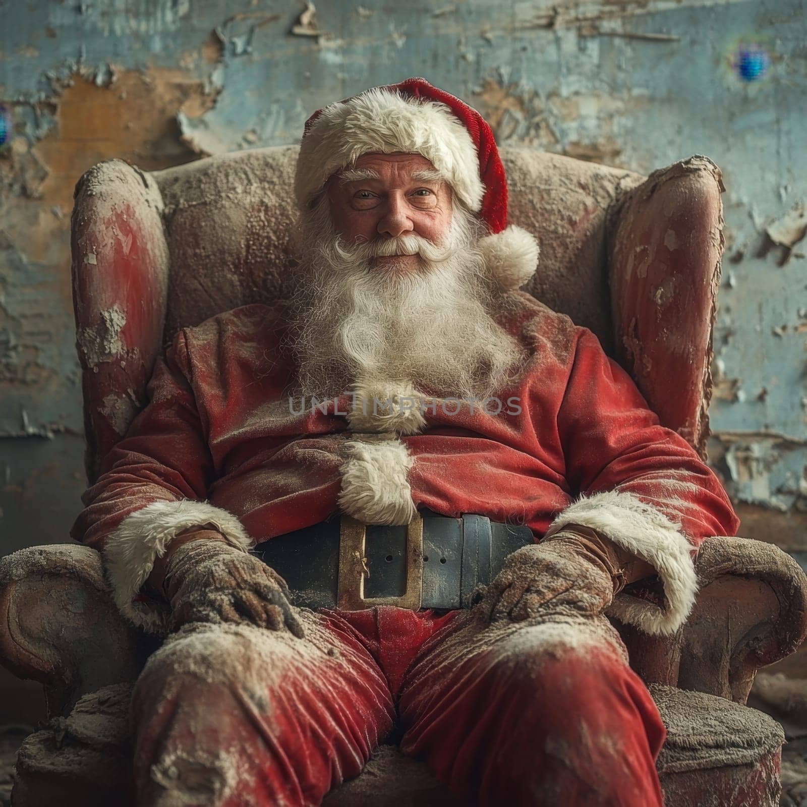 A jovial Santa Claus relaxes in a worn chair surrounded by faded walls showcasing a serene holiday spirit and charm during winter.