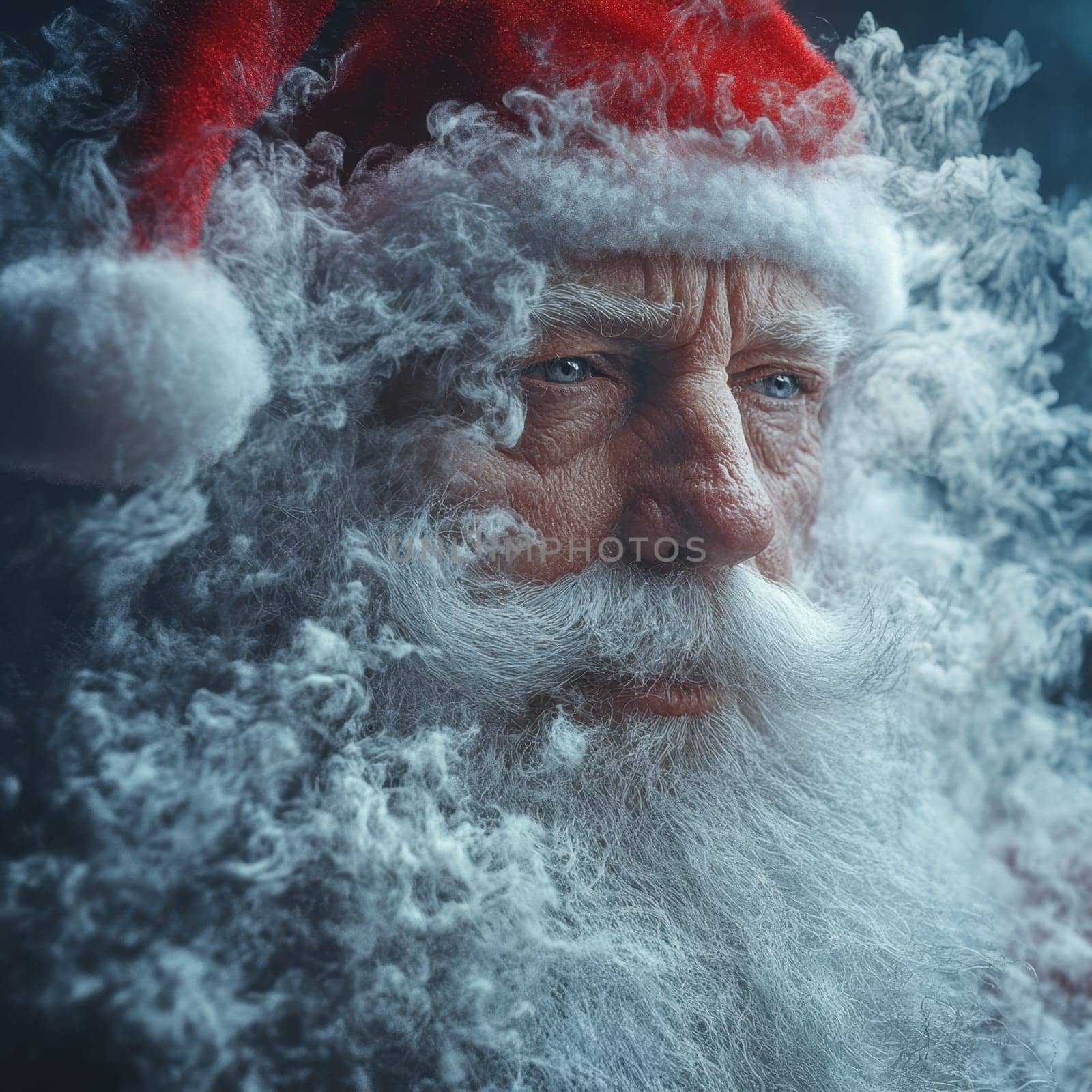 A wise looking Santa Claus is enveloped in swirling mist embodying the magic of the holiday season with a warm and inviting presence.