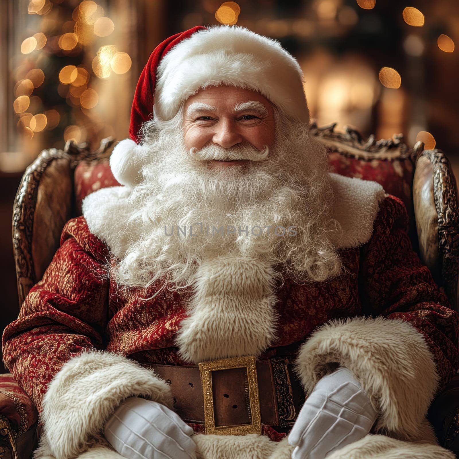 A jovial man dressed as Santa sits in a plush chair surrounded by festive decorations during the holiday season embodying the spirit of Christmas.