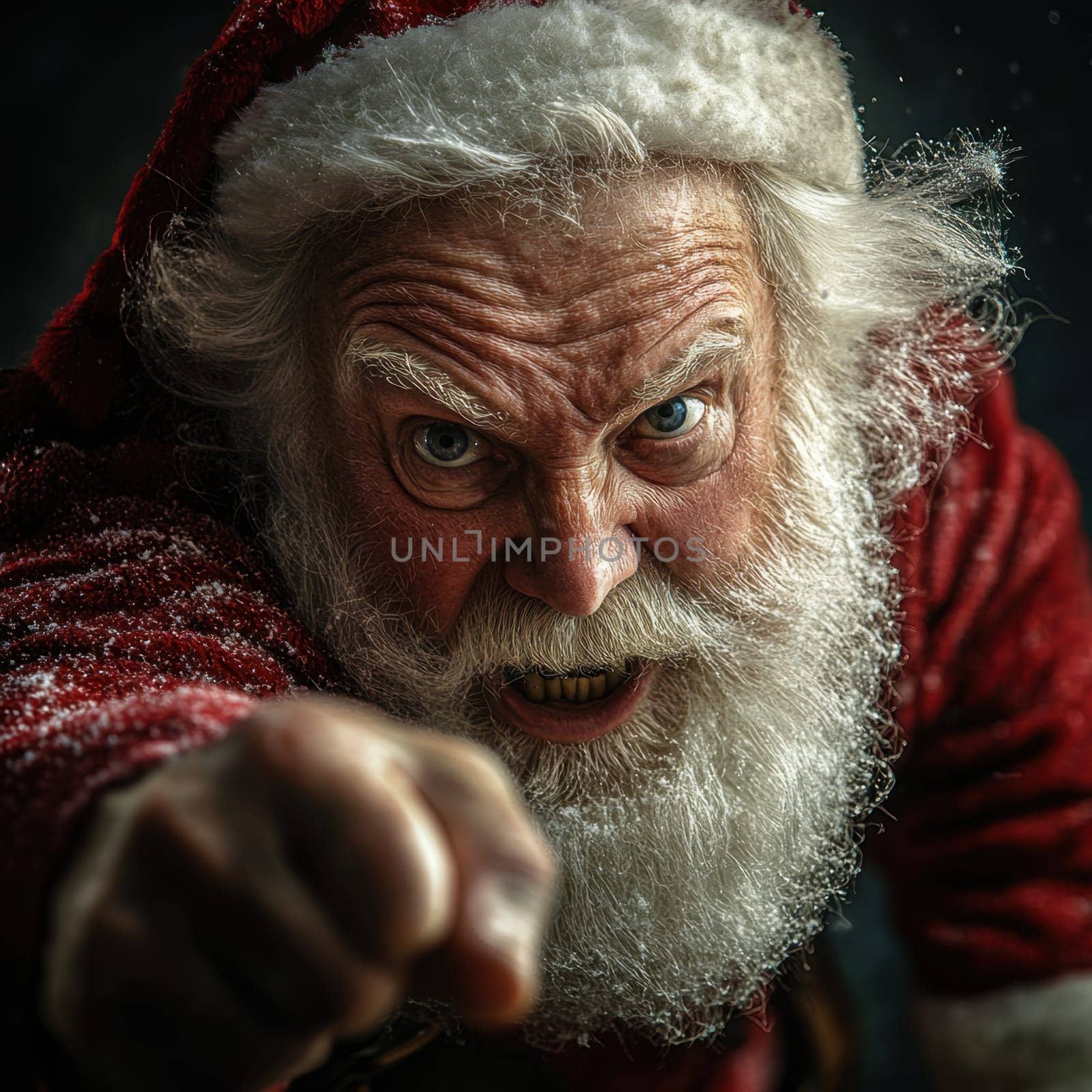 A fierce looking Santa Claus points aggressively with an intense expression surrounded by a snowy backdrop embodying holiday spirit.