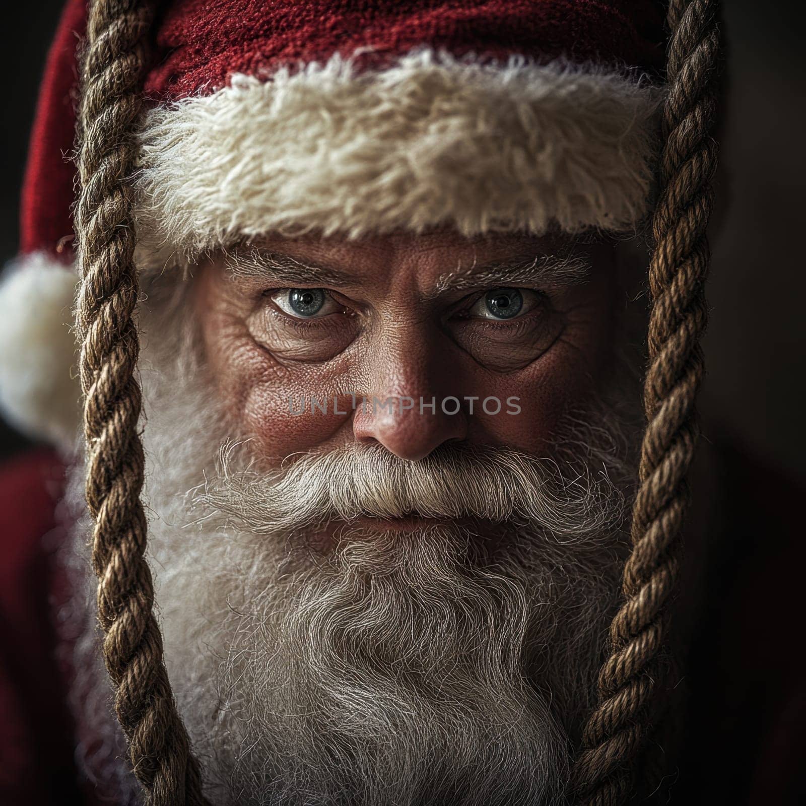 Santa Claus showcases a serious expression while preparing for the upcoming holiday season surrounded by festive decorations and warmth.