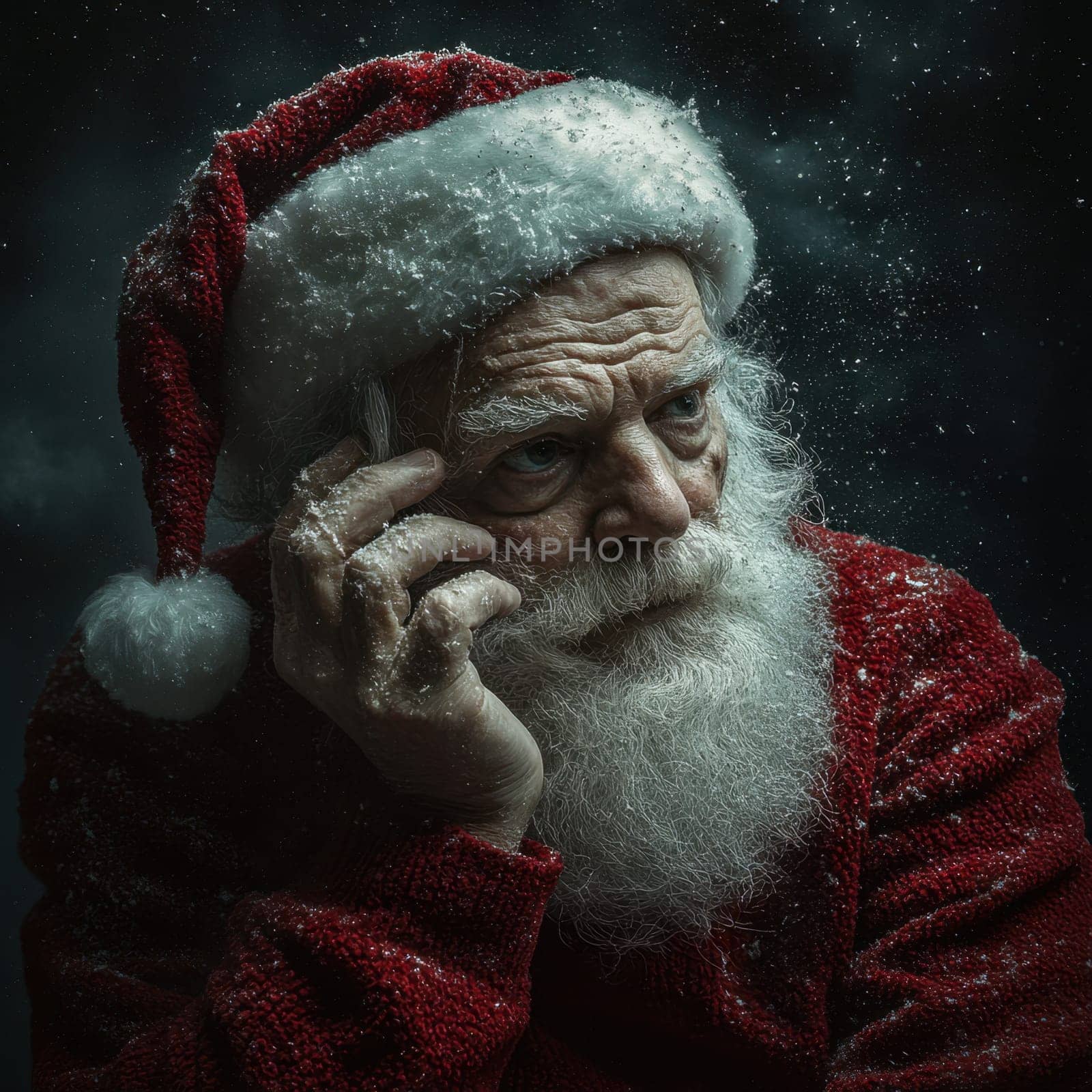An elderly man dressed as Santa Claus ponders thoughtfully surrounded by falling snow and a dark wintry backdrop.