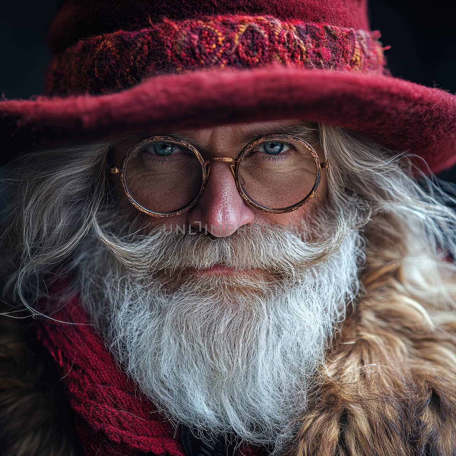 An elderly gentleman with a magnificent white beard dressed in a striking red coat and oversized hat gazes thoughtfully at the viewer.