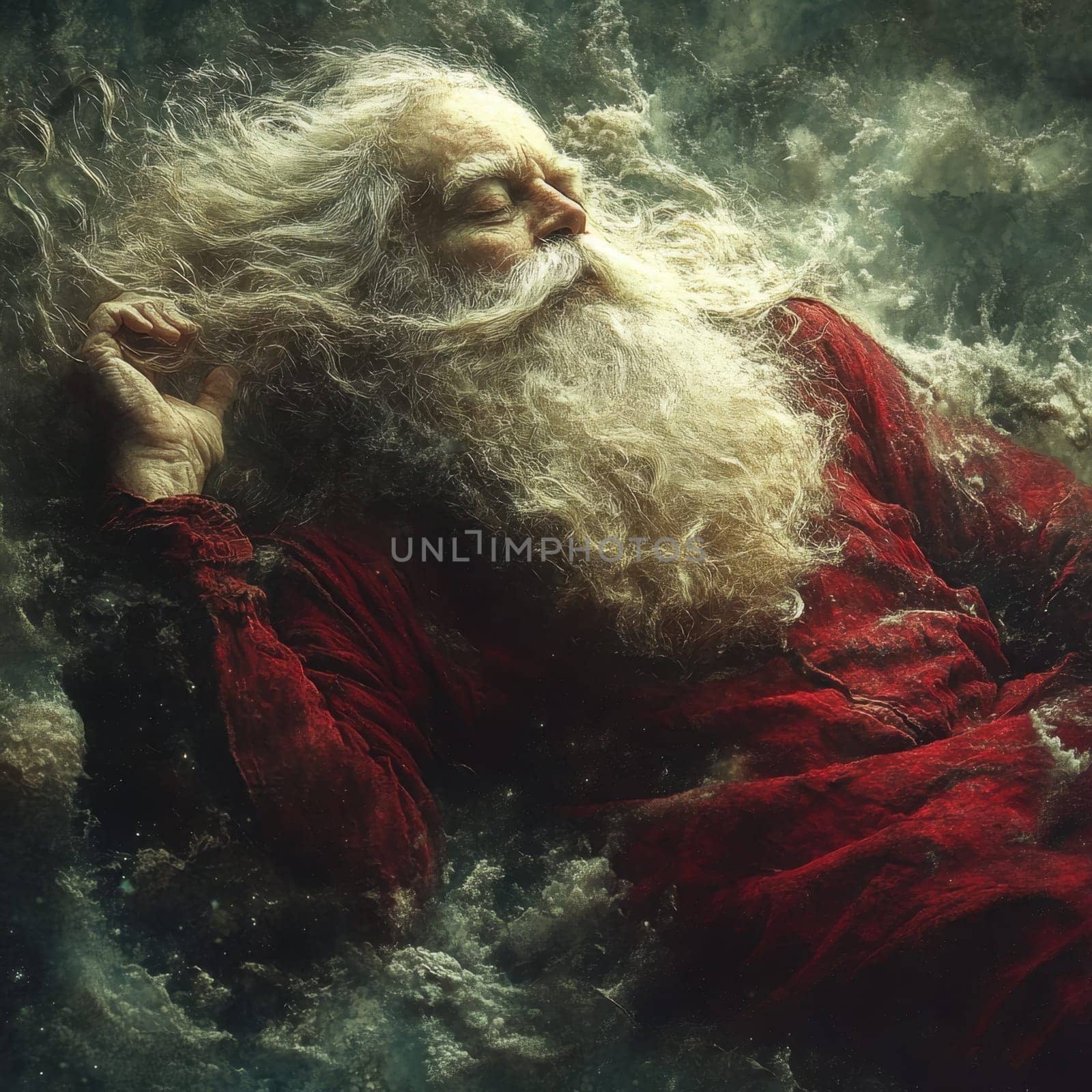 An elderly man with a flowing beard rests serenely among swirling clouds embodying a dreamlike ethereal atmosphere of tranquility.