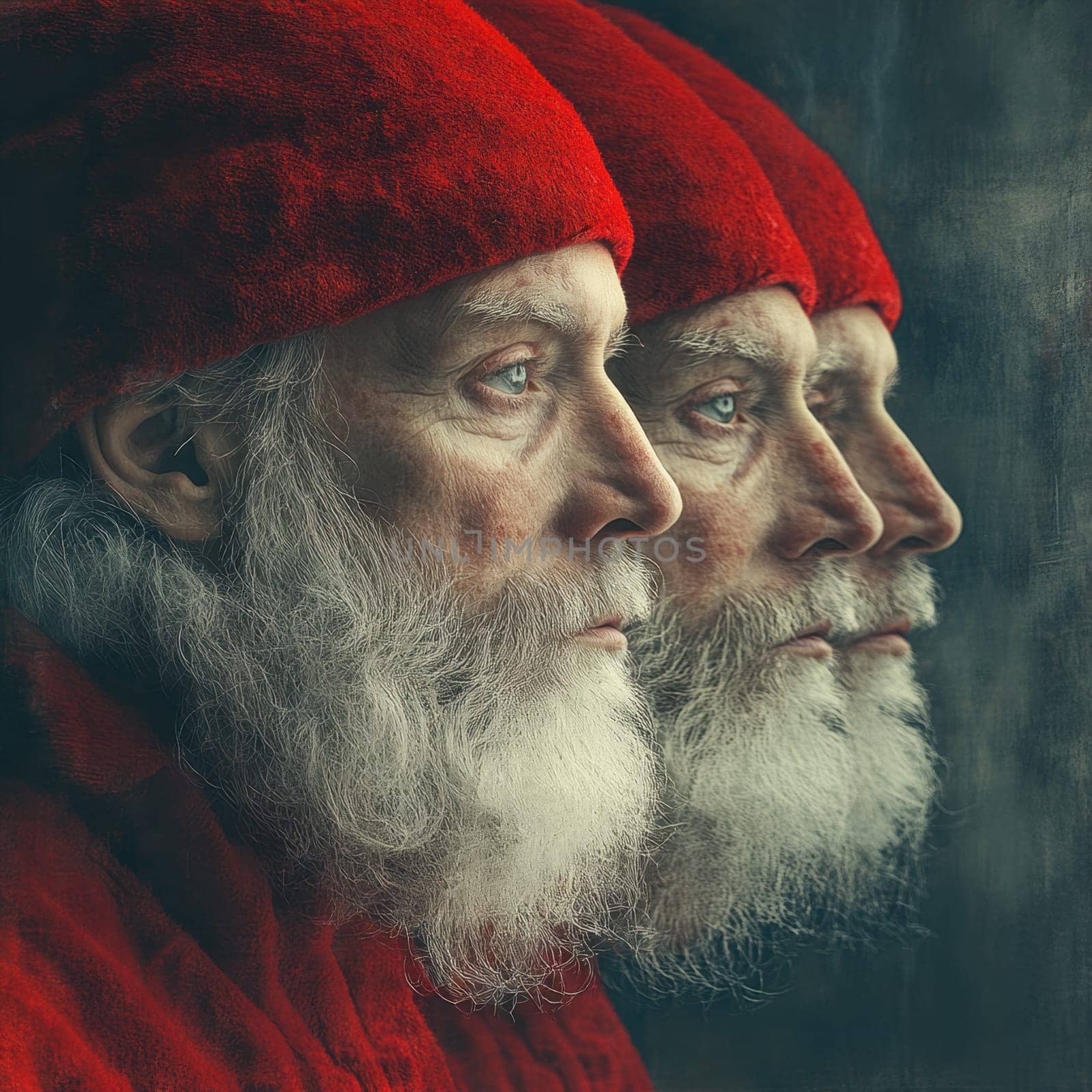 Three profiles of an elderly man wearing a red hat and cloak showcasing his wise expression and gray beard in soft light.