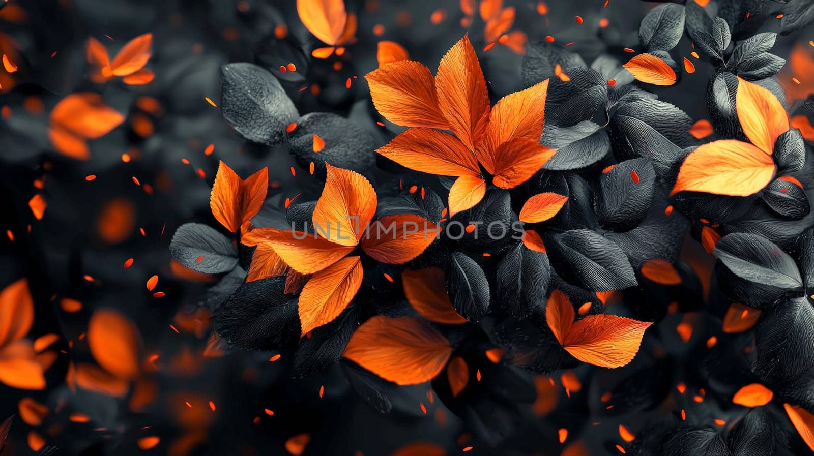 A hyper-detailed, high-resolution 3D rendering featuring an abstract floral-inspired design in vibrant orange and black. The intricate, high-contrast composition combines natural floral motifs with a modern, digital aesthetic, creating a visually rich and immersive background.
