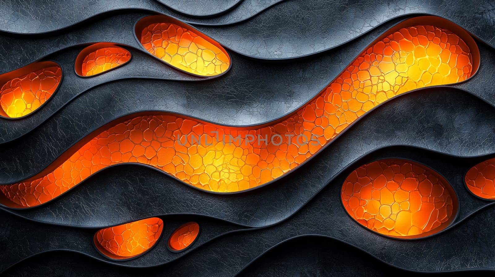 A hyper-detailed, high-resolution 3D rendering showcasing an abstract design in rich orange and black tones. The composition combines natural textures with a modern, high-contrast aesthetic, resulting in a visually compelling image that emphasizes depth and detail.