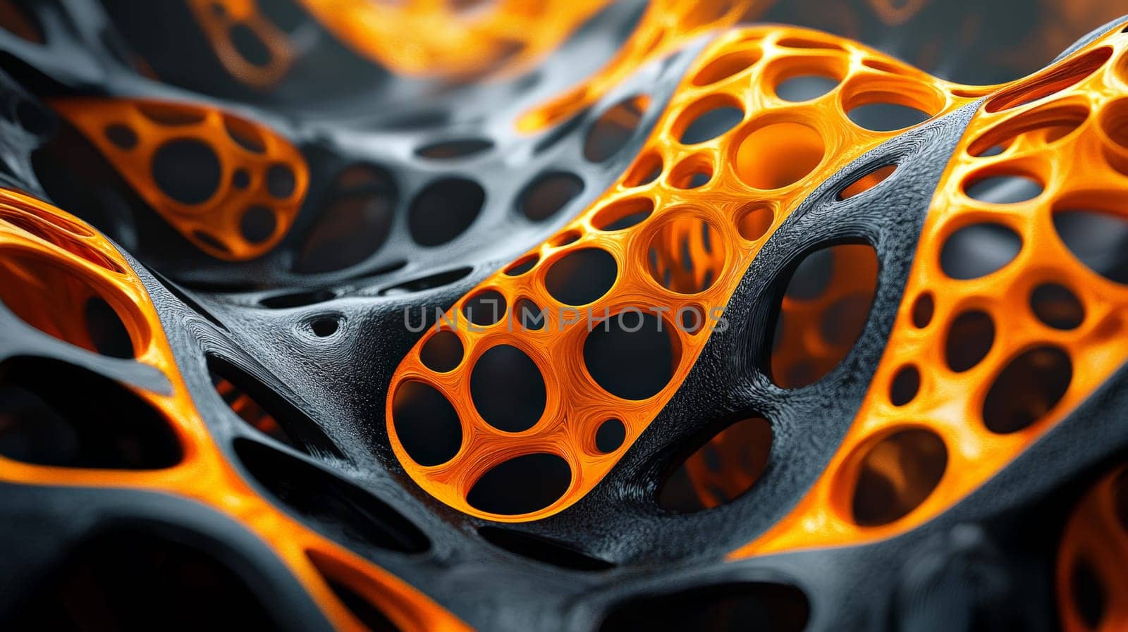 A hyper-detailed, high-resolution 3D rendering showcasing an abstract design in rich orange and black tones. The composition combines natural textures with a modern, high-contrast aesthetic, resulting in a visually compelling image that emphasizes depth and detail.