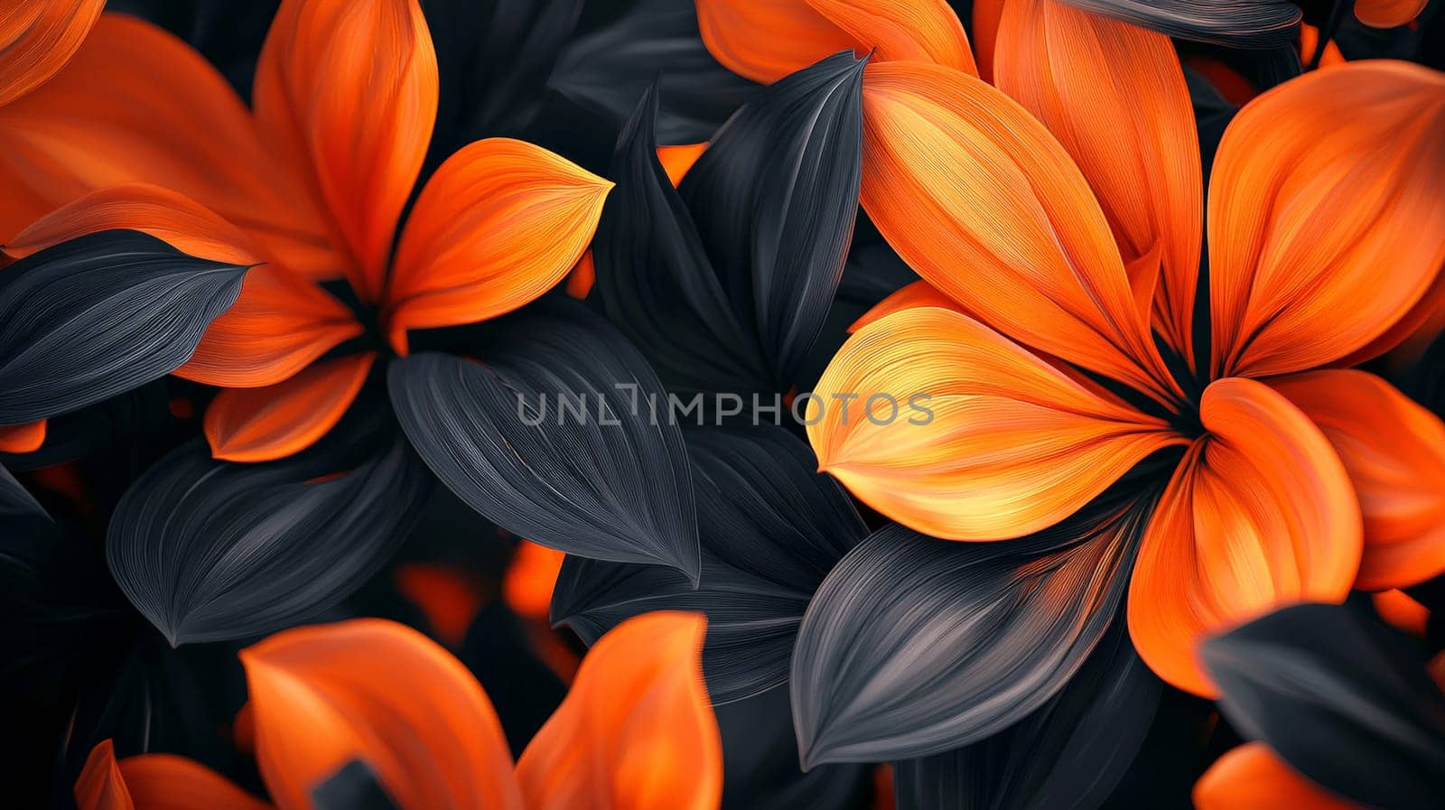 A hyper-detailed, high-resolution 3D rendering featuring an abstract floral-inspired design in vibrant orange and black. The intricate, high-contrast composition combines natural floral motifs with a modern, digital aesthetic, creating a visually rich and immersive background.