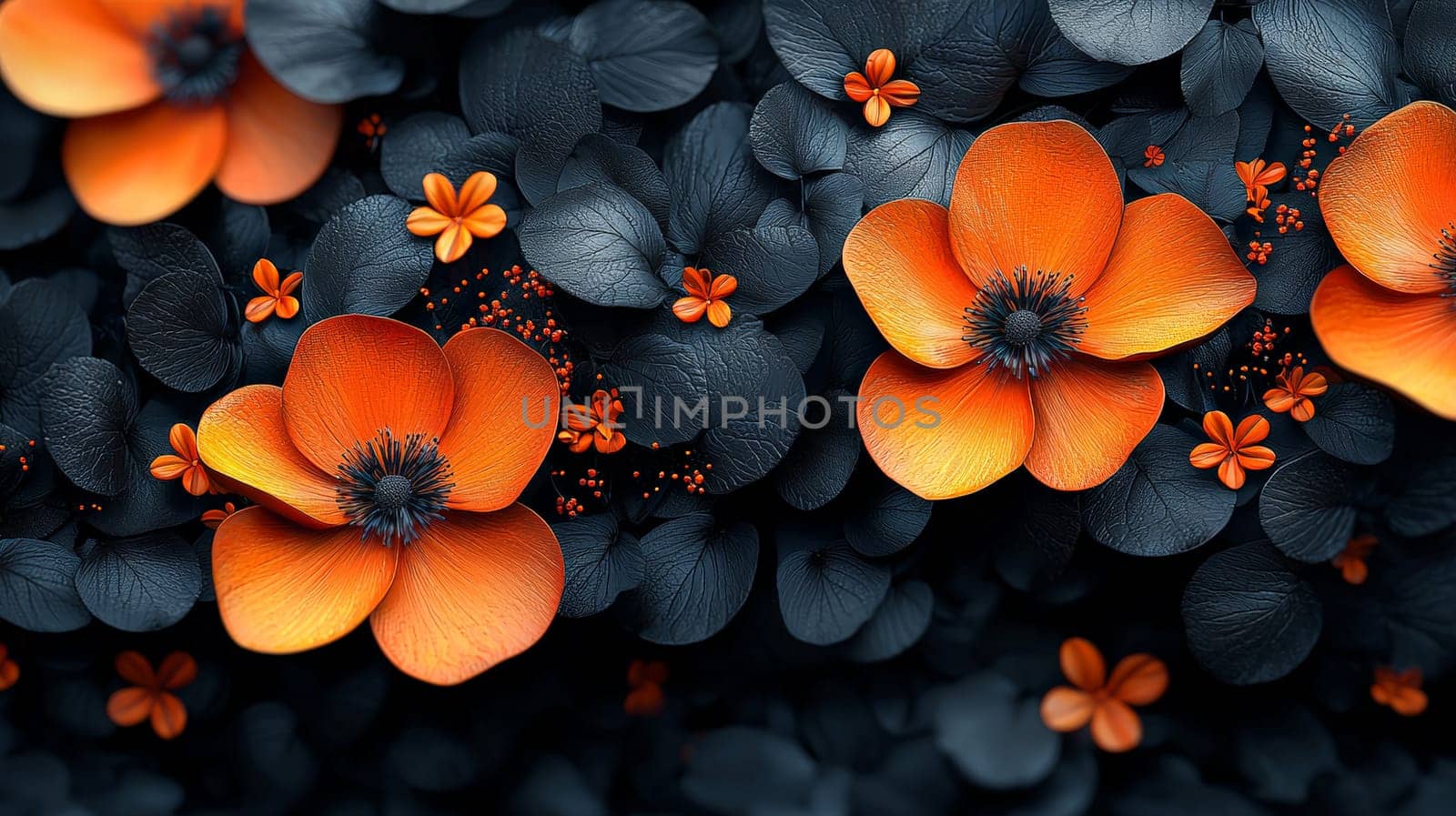 A hyper-detailed, high-resolution 3D rendering featuring an abstract floral-inspired design in vibrant orange and black. The intricate, high-contrast composition combines natural floral motifs with a modern, digital aesthetic, creating a visually rich and immersive background.