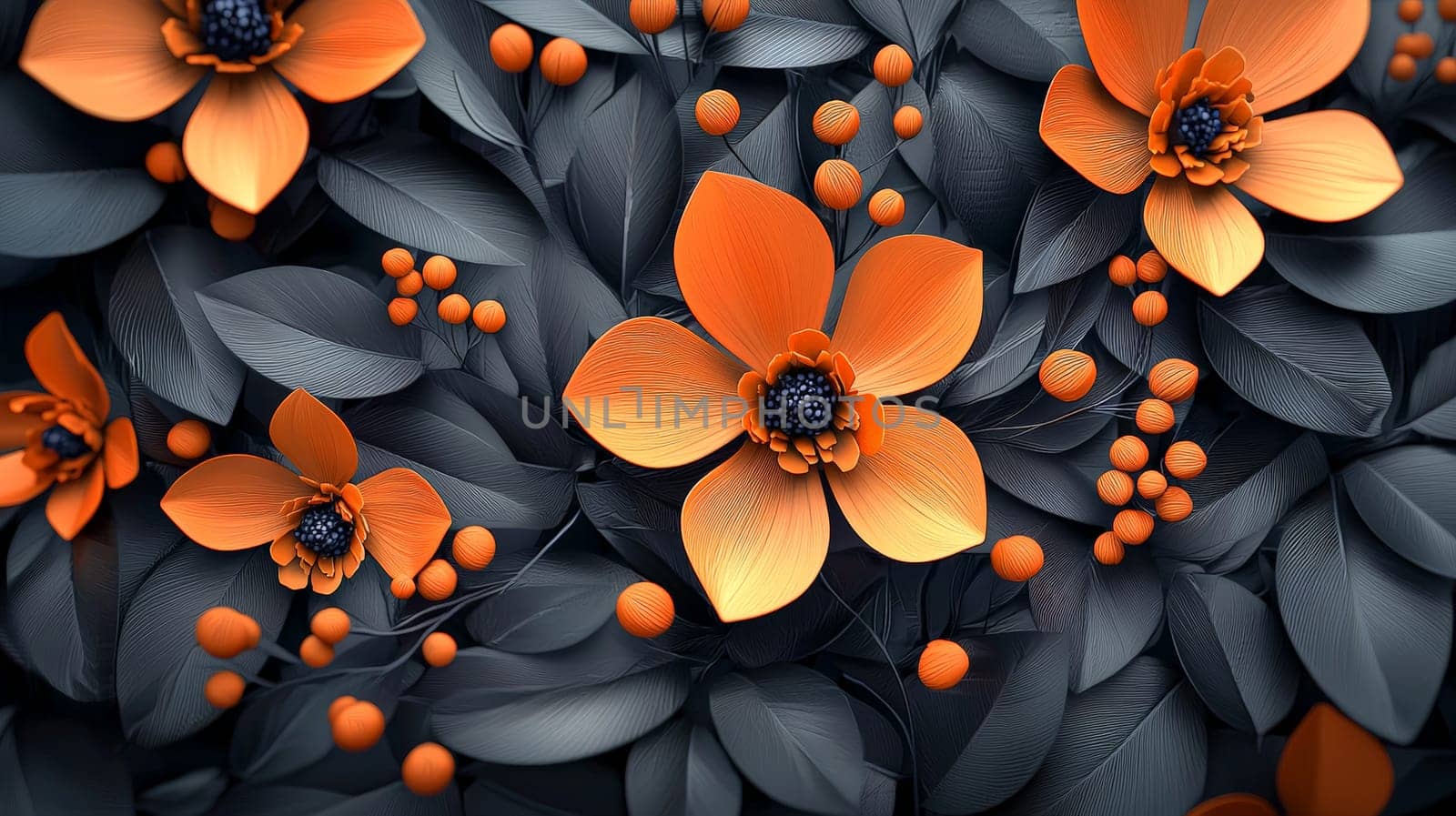 A hyper-detailed, high-resolution 3D rendering featuring an abstract floral-inspired design in vibrant orange and black. The intricate, high-contrast composition combines natural floral motifs with a modern, digital aesthetic, creating a visually rich and immersive background.