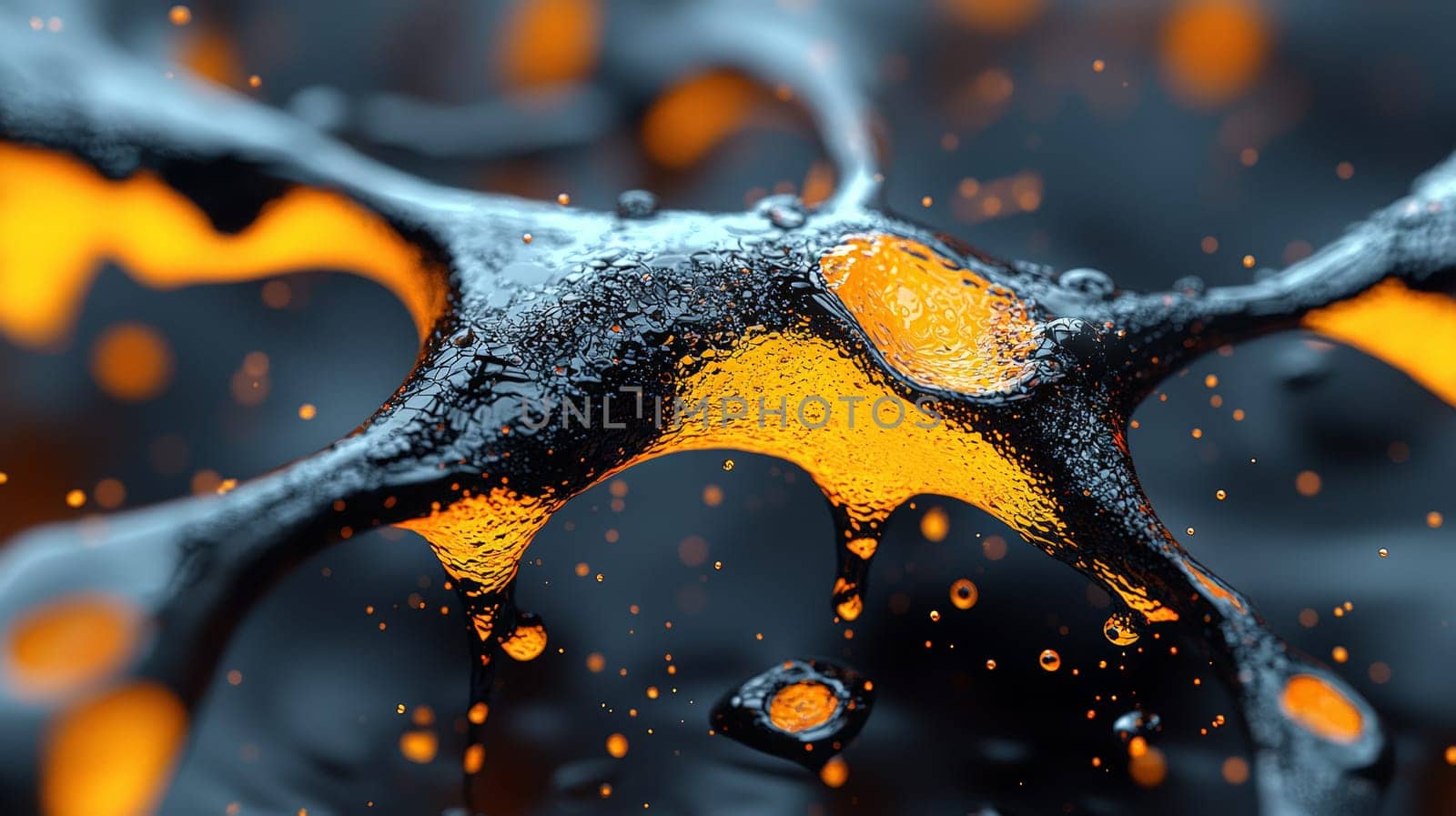 A hyper-detailed, high-resolution 3D rendering showcasing an abstract design in rich orange and black tones. The composition combines natural textures with a modern, high-contrast aesthetic, resulting in a visually compelling image that emphasizes depth and detail.