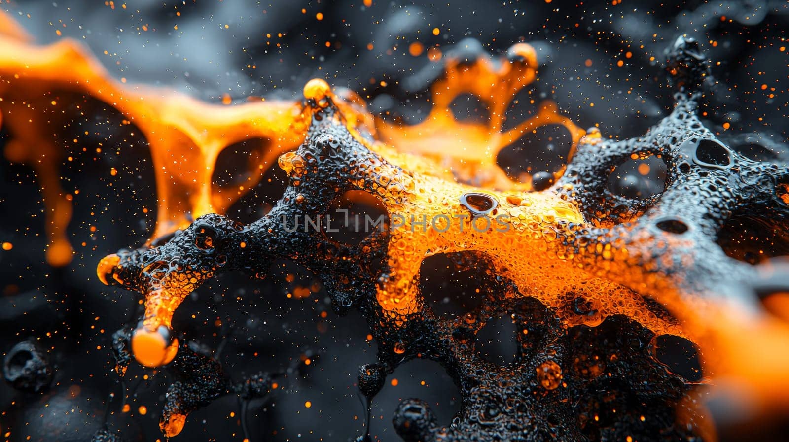 A hyper-detailed, high-resolution 3D rendering showcasing an abstract design in rich orange and black tones. The composition combines natural textures with a modern, high-contrast aesthetic, resulting in a visually compelling image that emphasizes depth and detail.