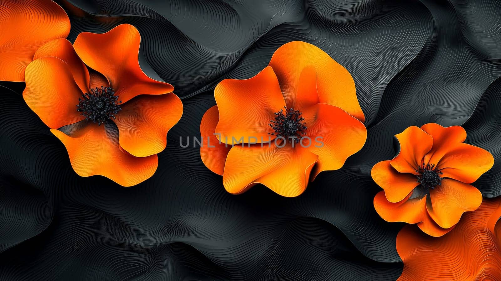 A hyper-detailed, high-resolution 3D rendering featuring an abstract floral-inspired design in vibrant orange and black. The intricate, high-contrast composition combines natural floral motifs with a modern, digital aesthetic, creating a visually rich and immersive background.
