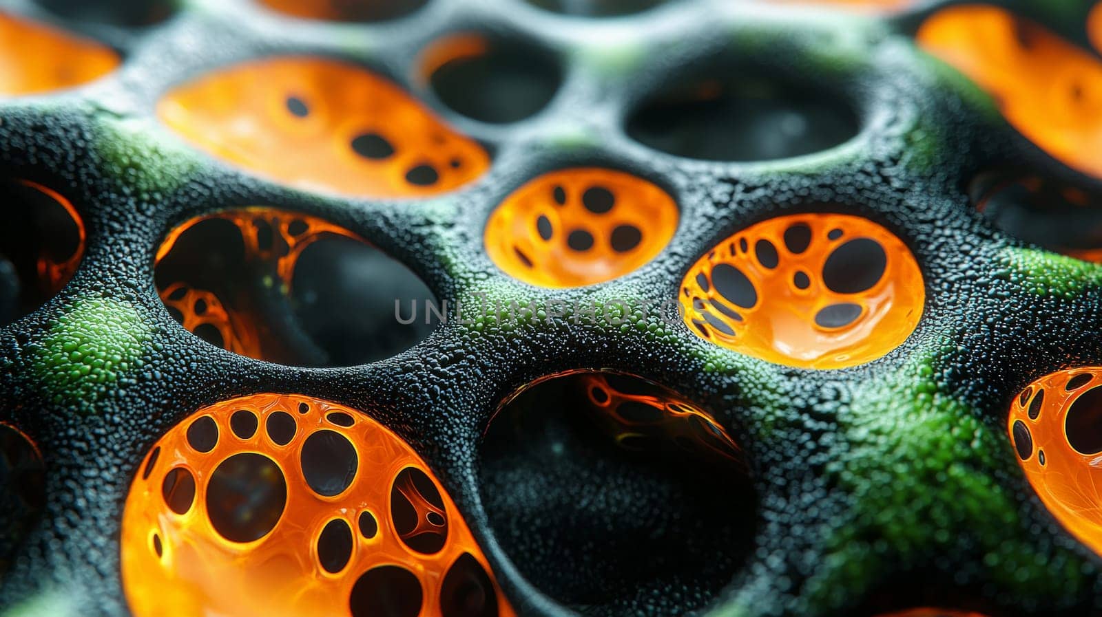 A hyper-detailed, high-resolution 3D rendering showcasing an abstract design in rich orange and black tones. The composition combines natural textures with a modern, high-contrast aesthetic, resulting in a visually compelling image that emphasizes depth and detail.
