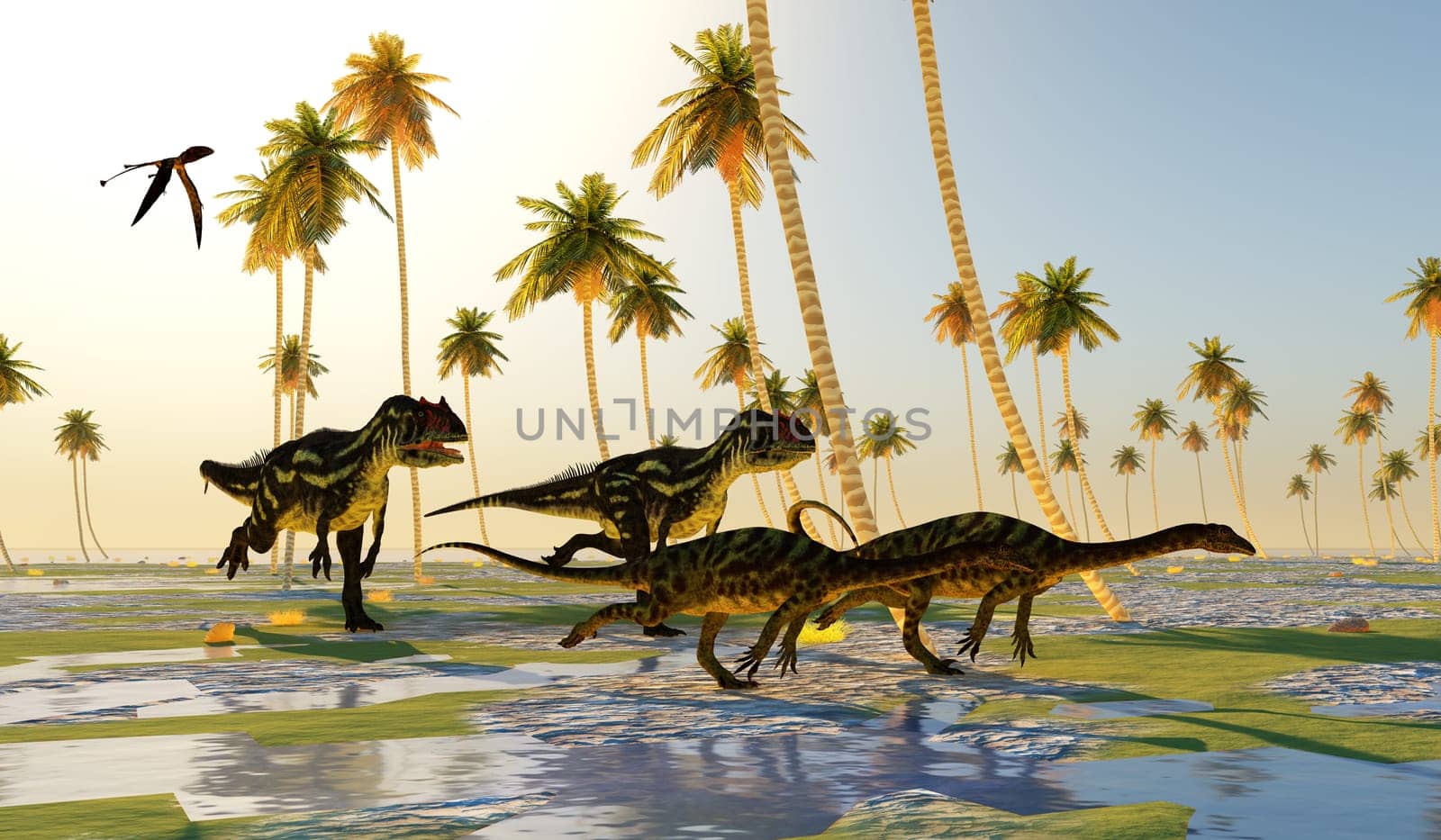 A Dimorphodon Pterosaur watches as Allosaurus dinosaurs run after Anchisaurus dinosaurs for their next meal.