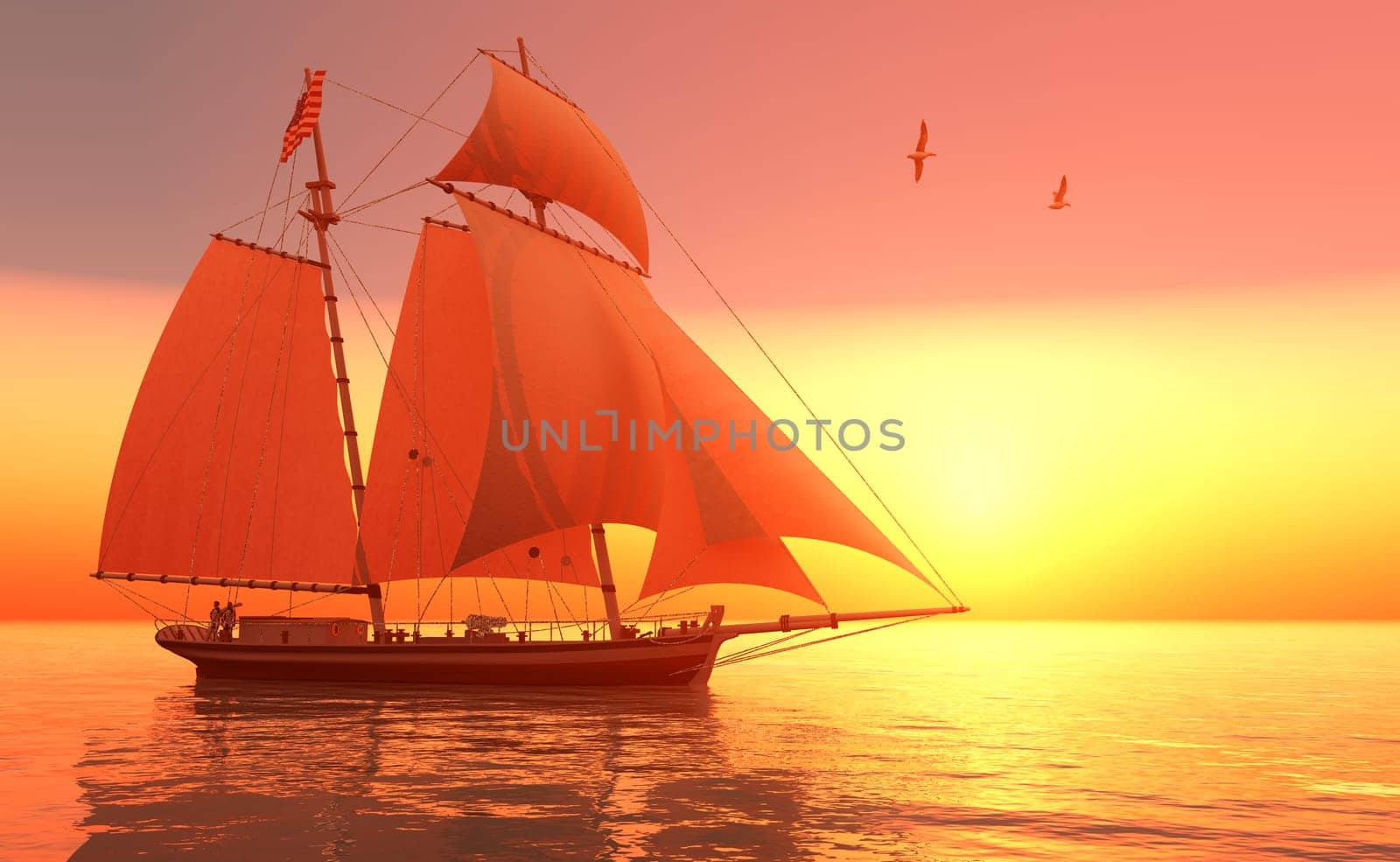 Two Seagulls fly near an ocean sailing ship bearing a striped US flag.