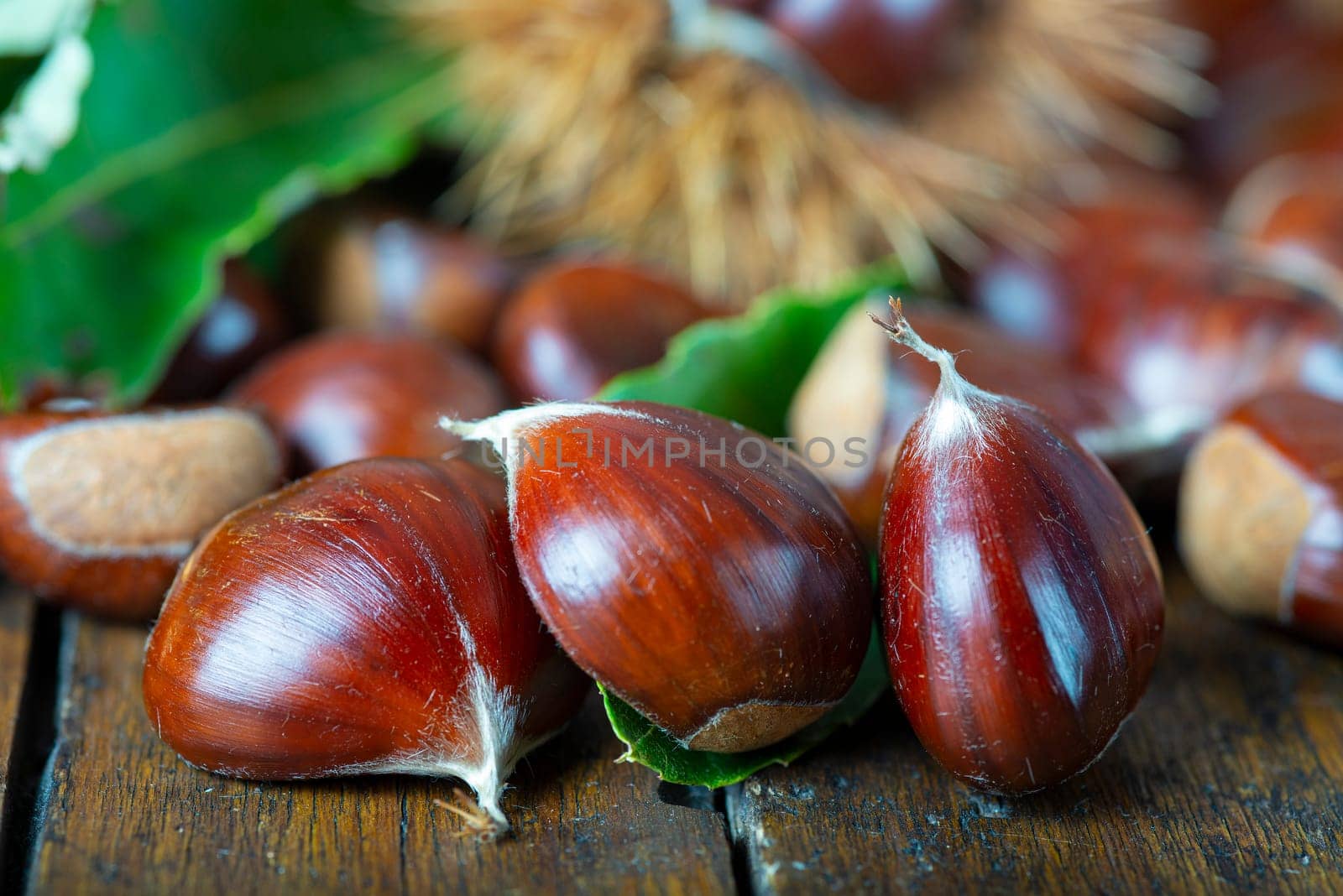 Chestnut with leaves on a wooden background