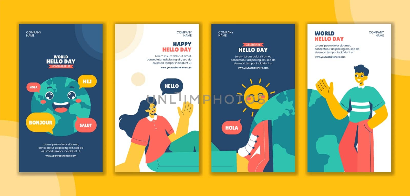 Social Media Stories for World Hello Day in a Flat Cartoon Style Illustration