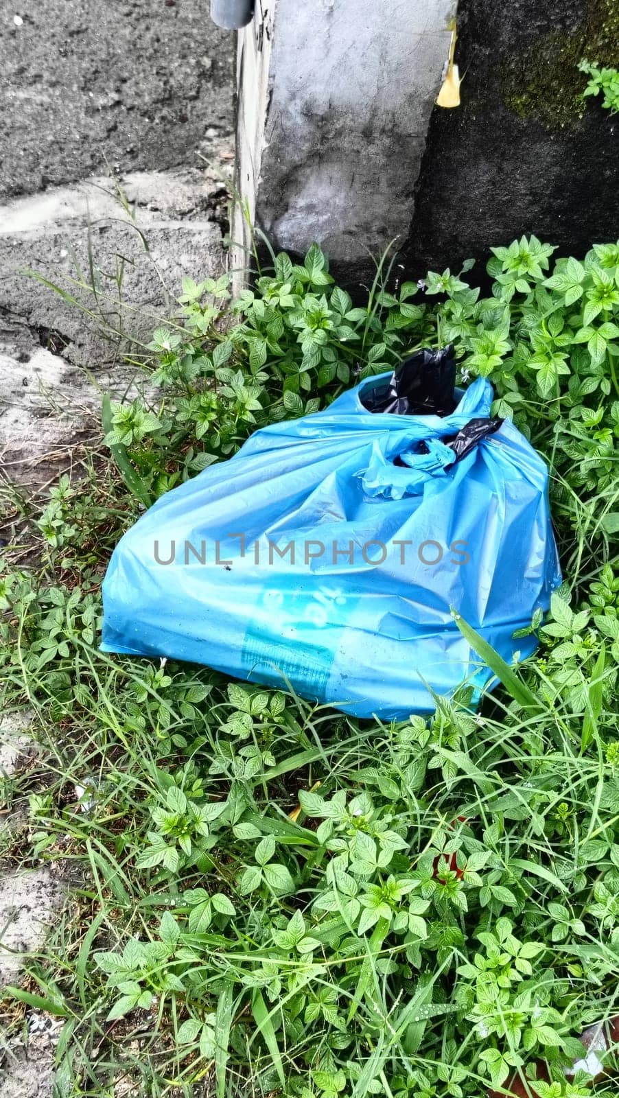 A blue trash bag is abandoned in a patch of overgrown grass beside a concrete wall. Symbolizes environmental neglect and urban waste issues.