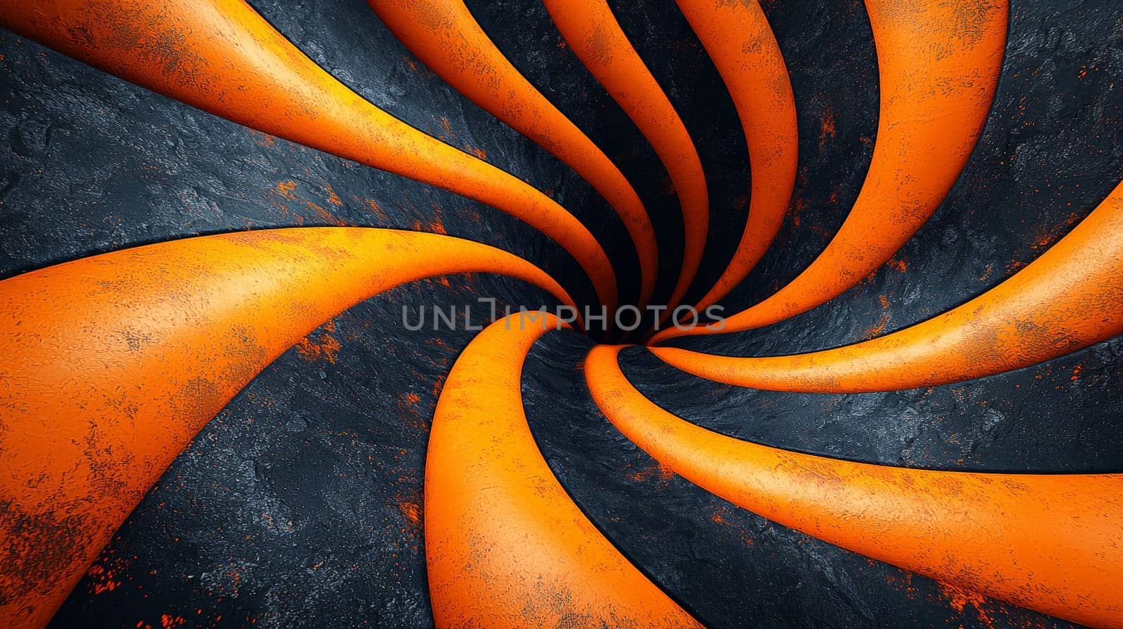 A hyper-detailed, high-resolution 3D rendering showcasing an abstract design in rich orange and black tones. The composition combines natural textures with a modern, high-contrast aesthetic, resulting in a visually compelling image that emphasizes depth and detail.