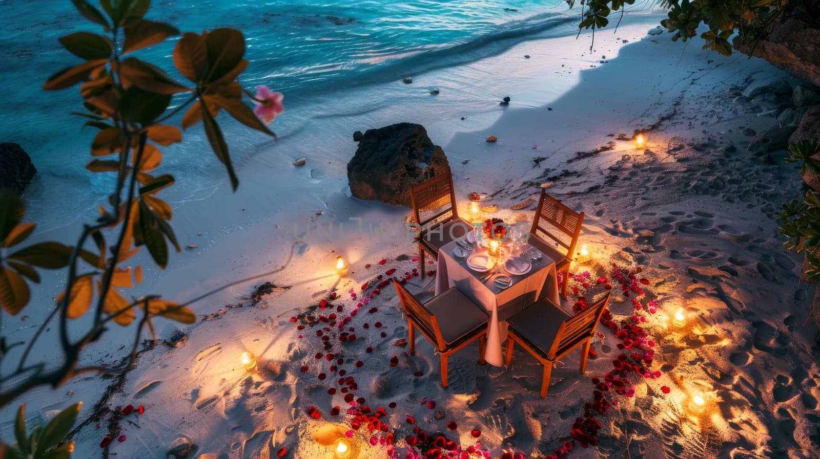 A romantic dinner setup with candles and rose petals on a secluded beach, captured from a high angle