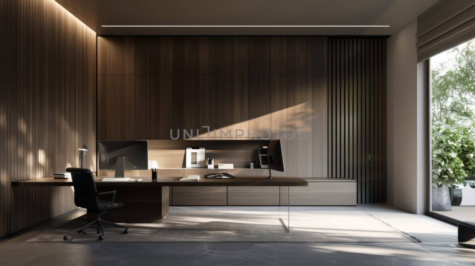 A minimalist home office setup with sleek furniture and subtle accents