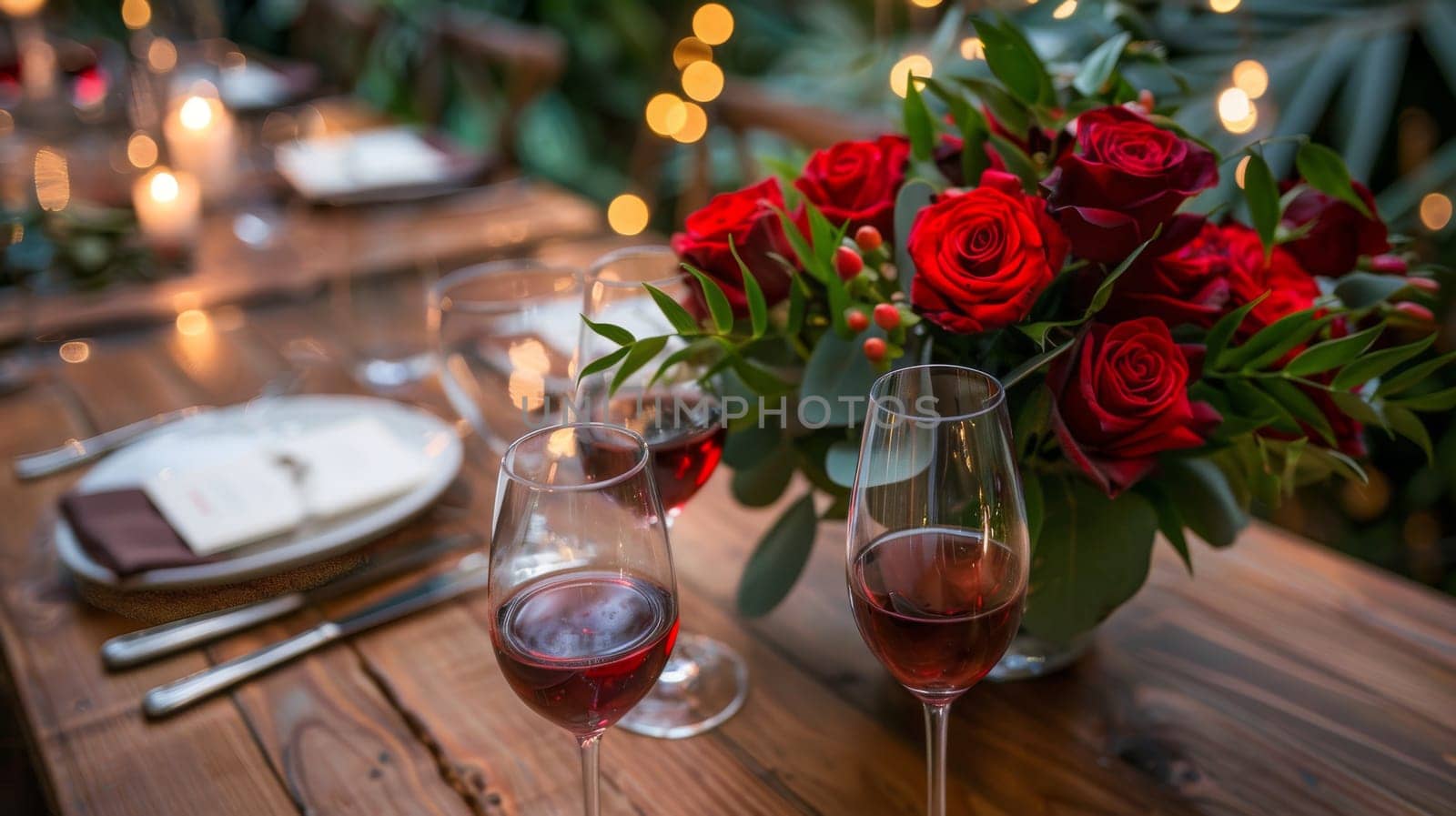 A romantic dinner setup with wine glasses and a bouquet of roses on a rustic wooden table, captured from a high angle