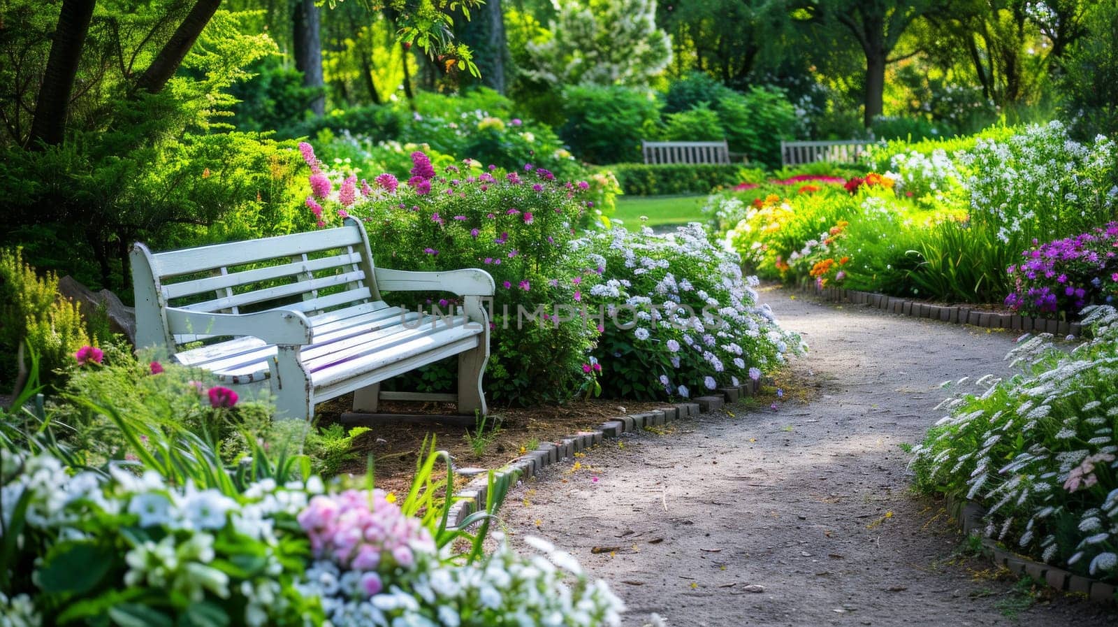 A white bench sits in a garden with a path leading to it. The garden is filled with colorful flowers and bushes, creating a peaceful and serene atmosphere