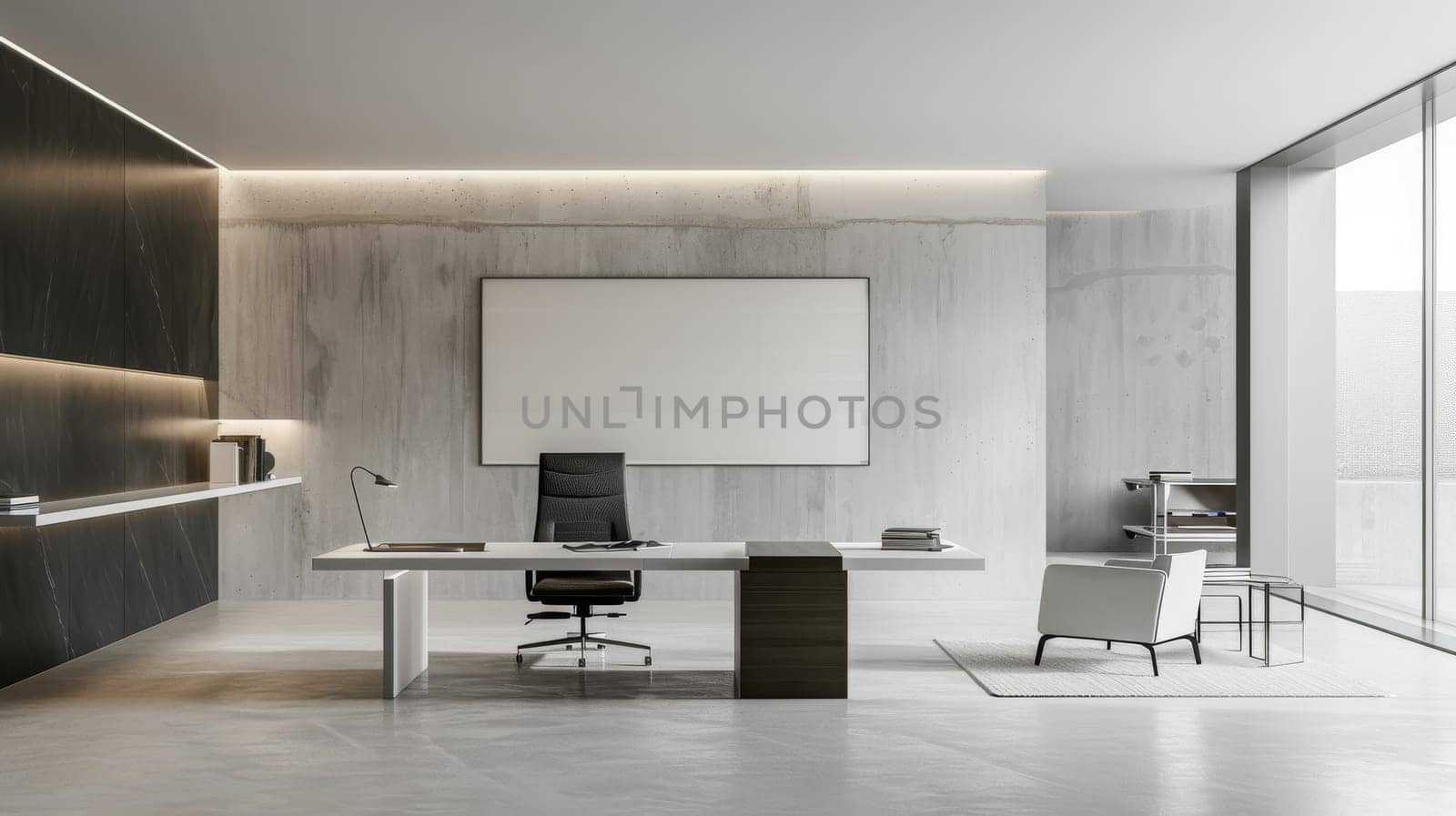 A minimalist work environment with neutral color scheme and minimalist furnishings