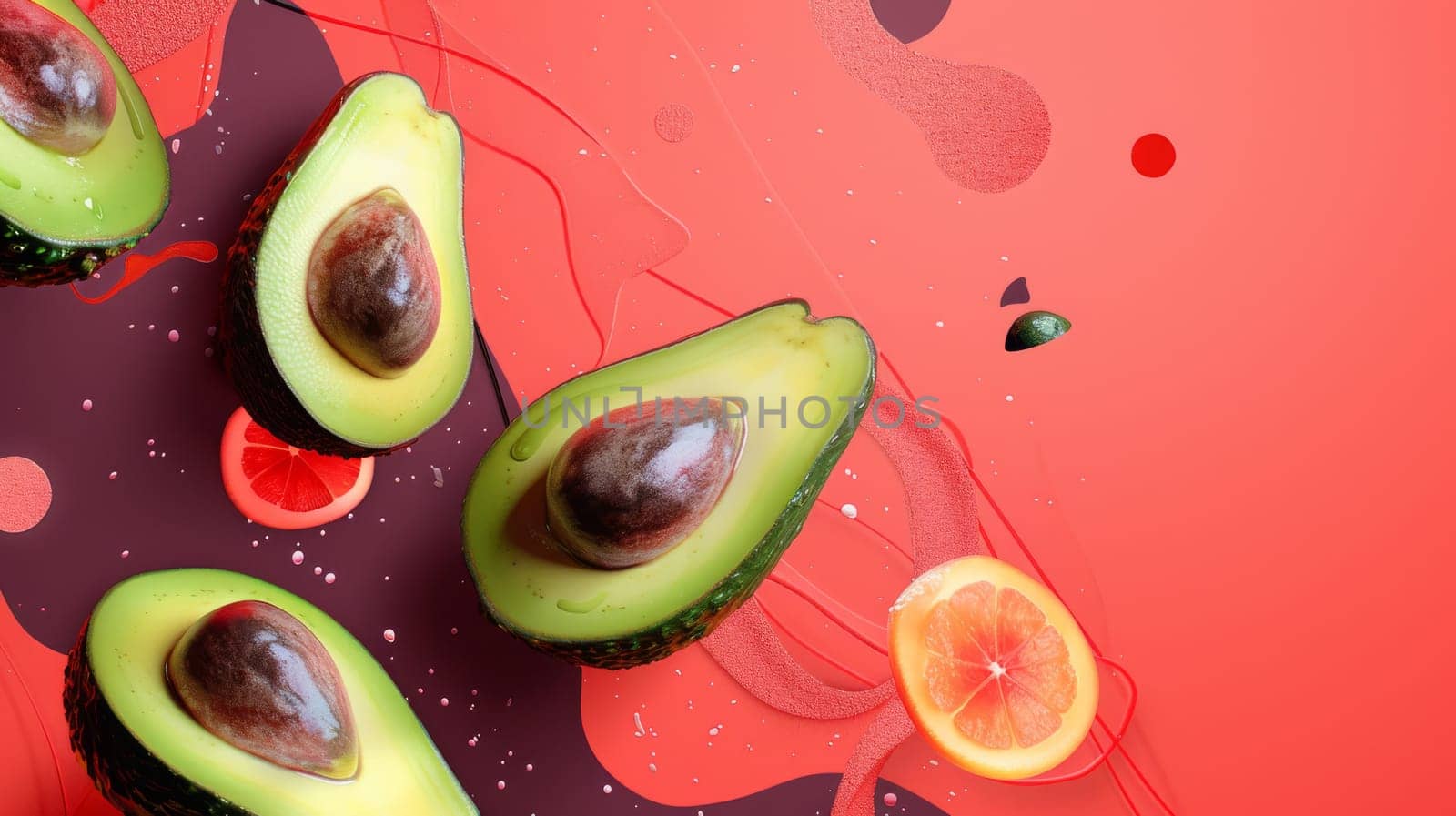 Abstract poster design featuring floating avocado halves with abstract shapes