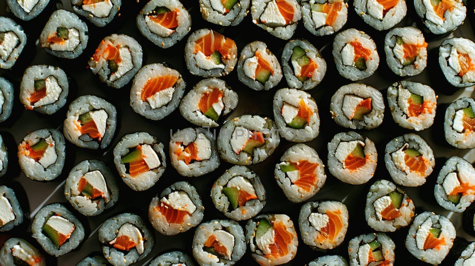 Abstract arrangement of spinning sushi rolls in an abstract pattern