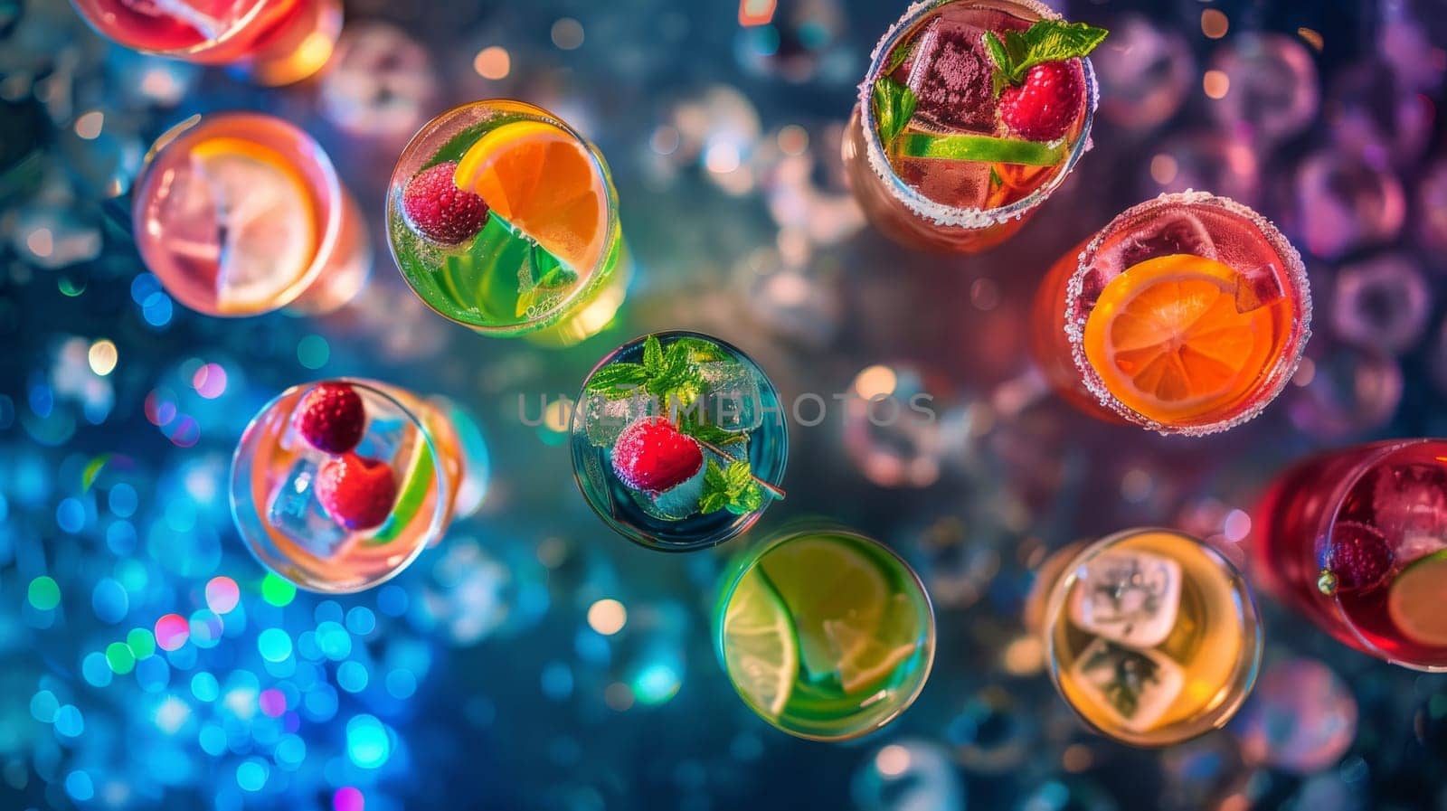 Aerial shot of floating cocktail glasses with vibrant mixes