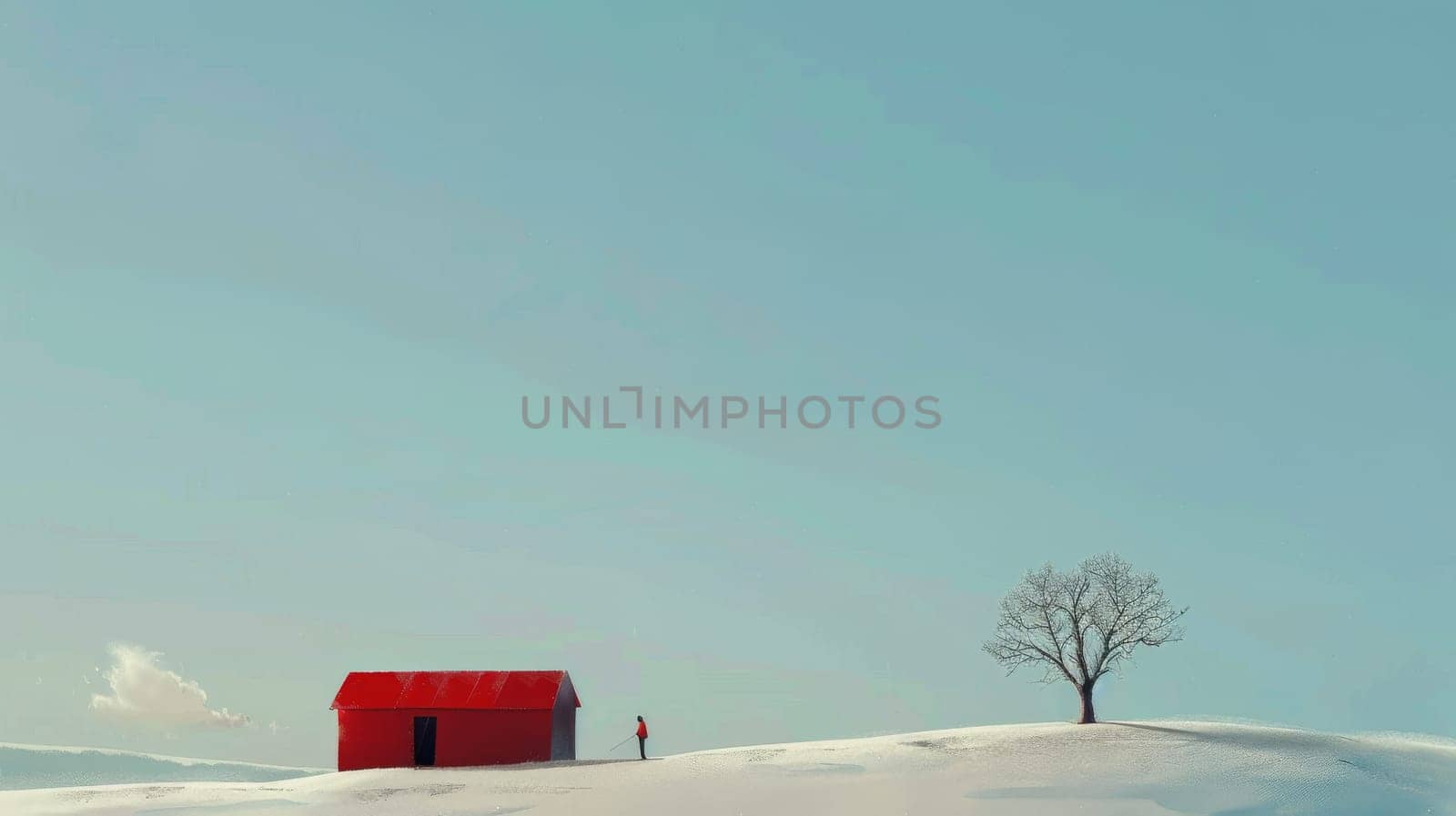 A red house is on a snowy hill. The house is small and has a red roof. The sky is blue and clear