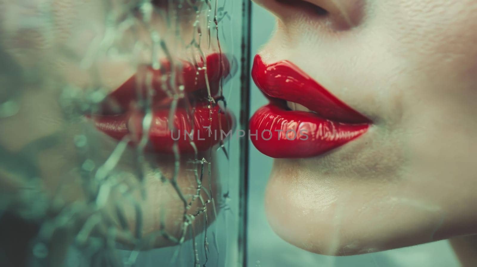A pair of red lips pressed against a mirror, leaving behind the imprint of a kiss