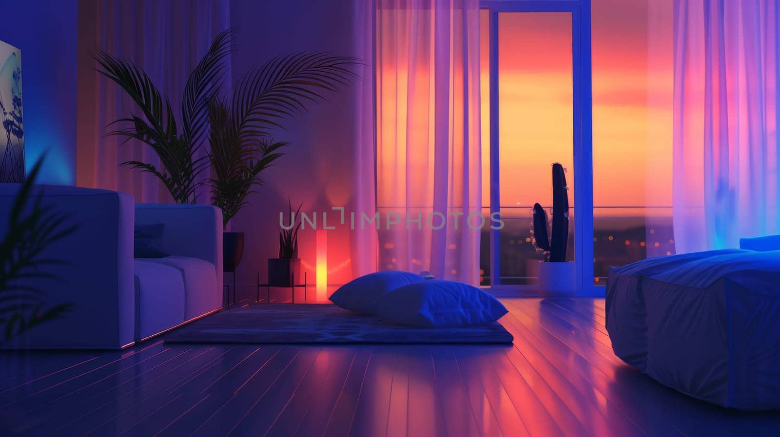 A living room with a couch, a potted plant, and a lamp. The room is lit with blue lights and has a calming atmosphere