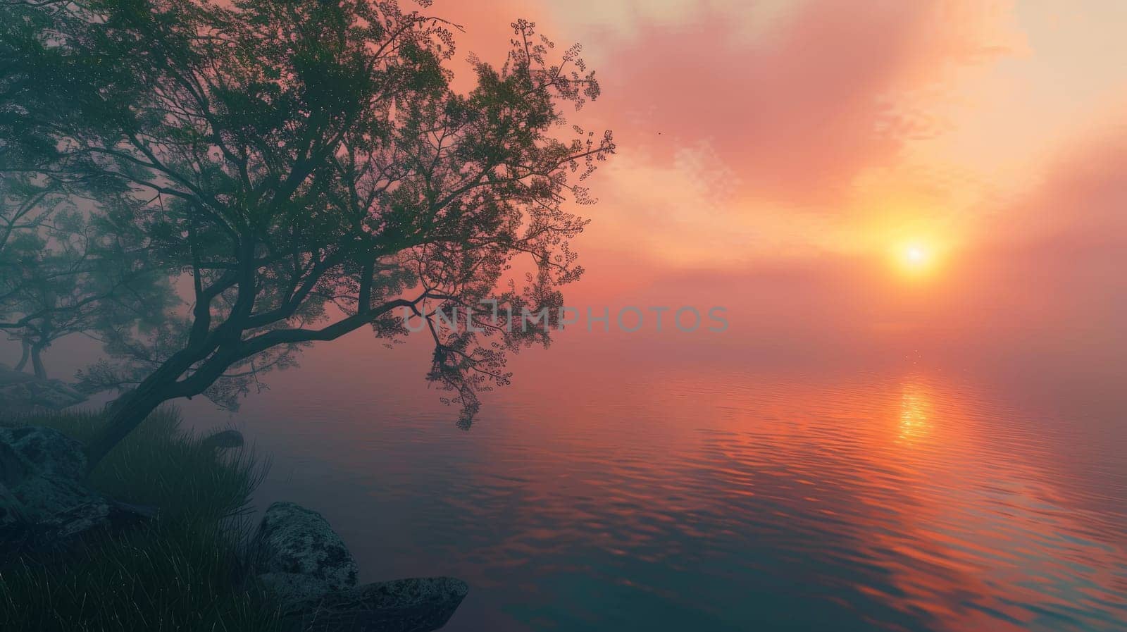 A tree is in front of a body of water with a beautiful sunset in the background