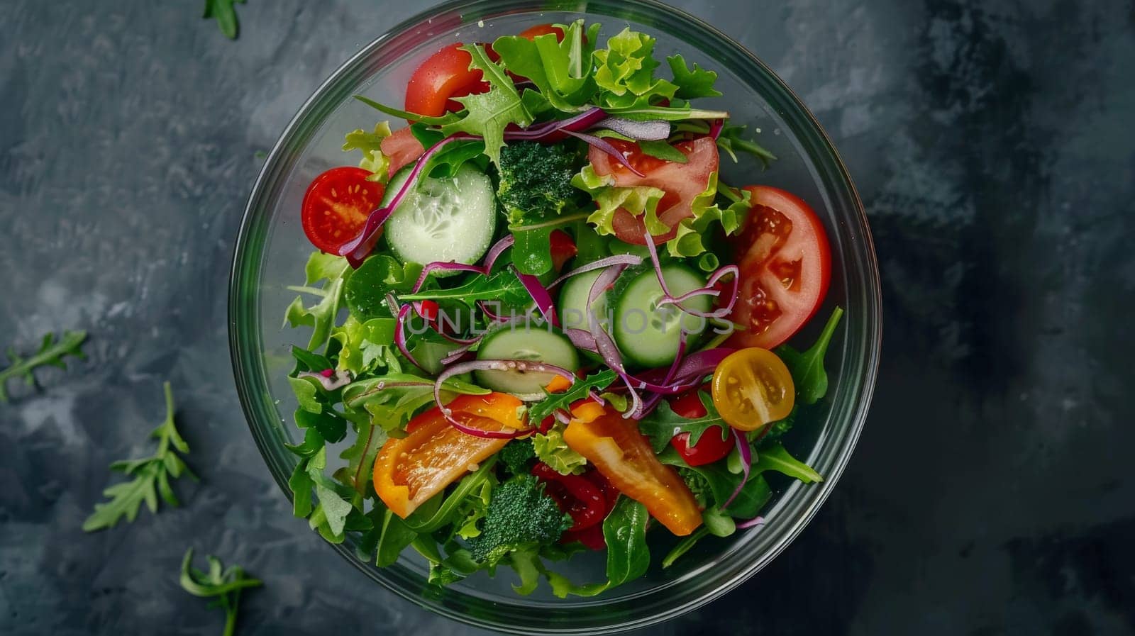 Aerial view of a rotating bowl of fresh salad ingredients