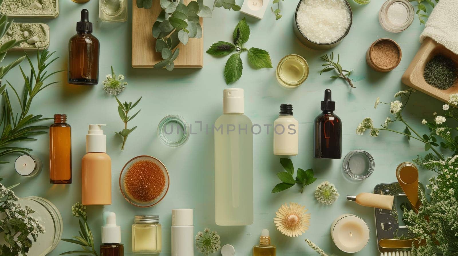 Aerial view of beauty and wellness essentials