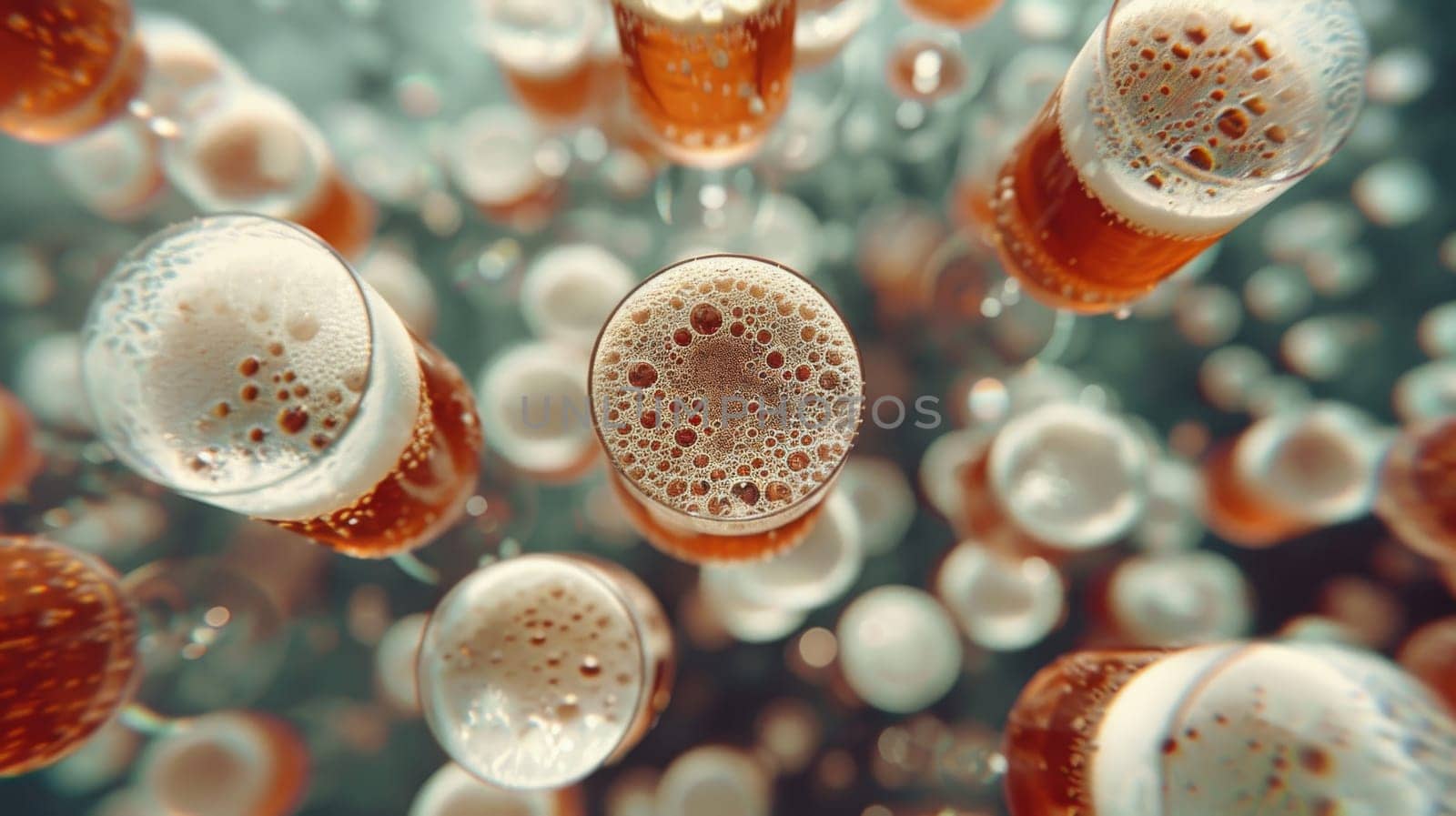 Aerial view of floating beer glasses with frothy heads