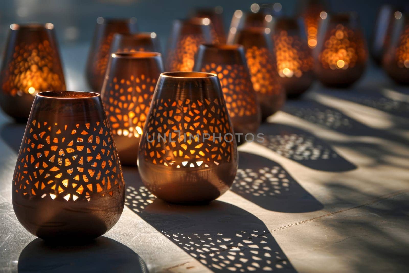 Artistic Islamic candle holders with pierced designs, casting captivating shadows when lit.