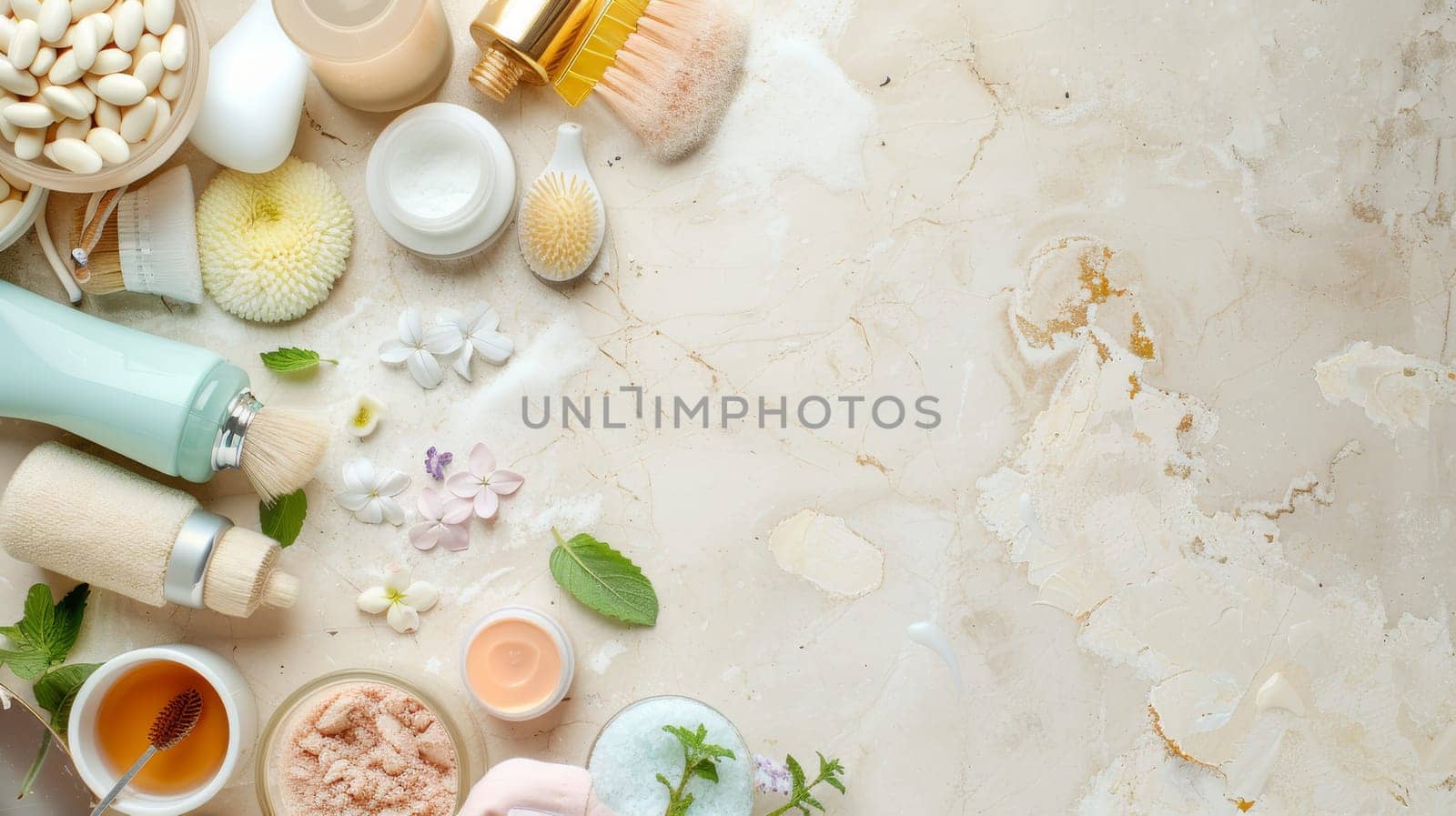 Balanced layout of beauty and wellness items with designated copy space